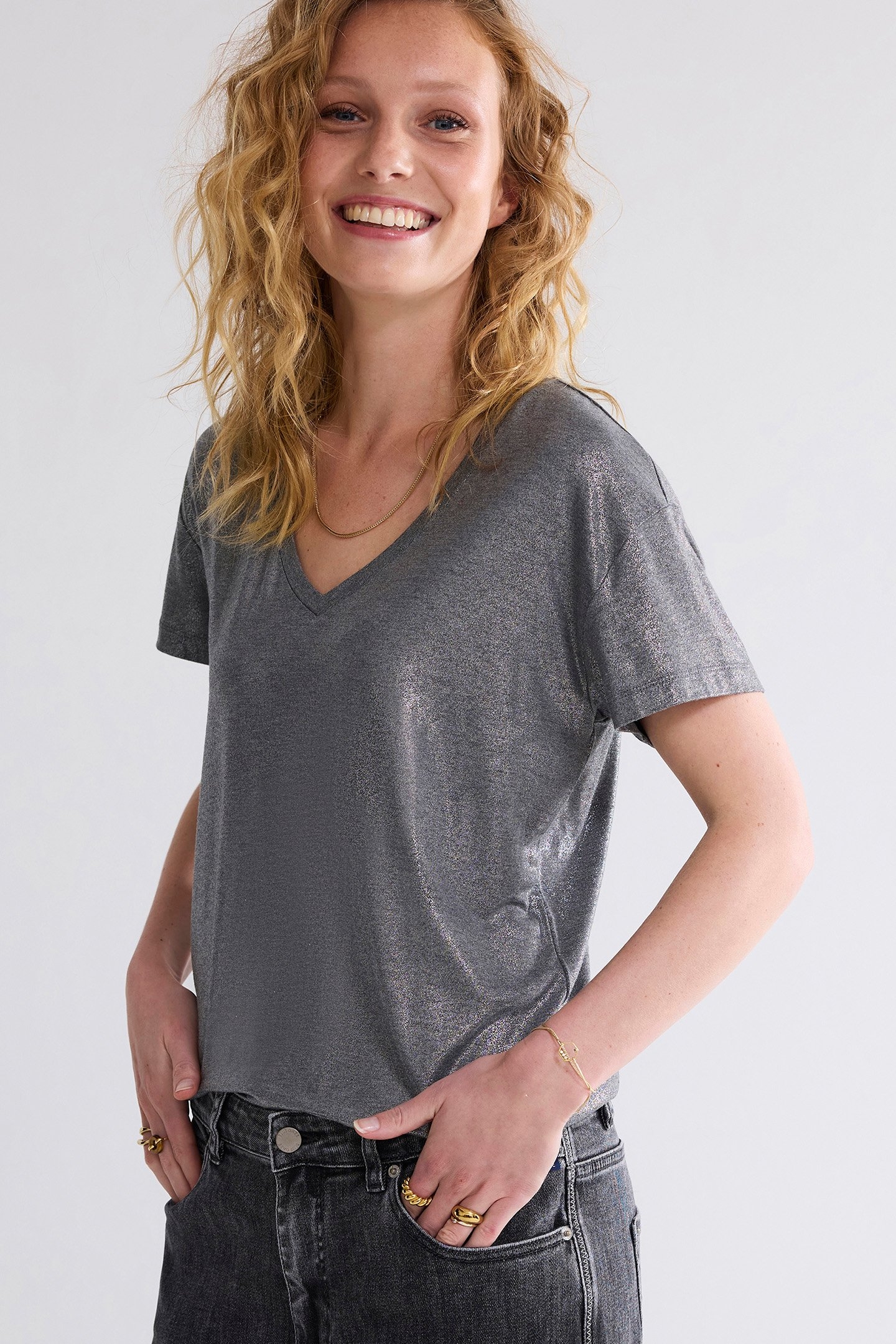 V- NECK TOP METALLIC COATED JERSEY GREYS 5