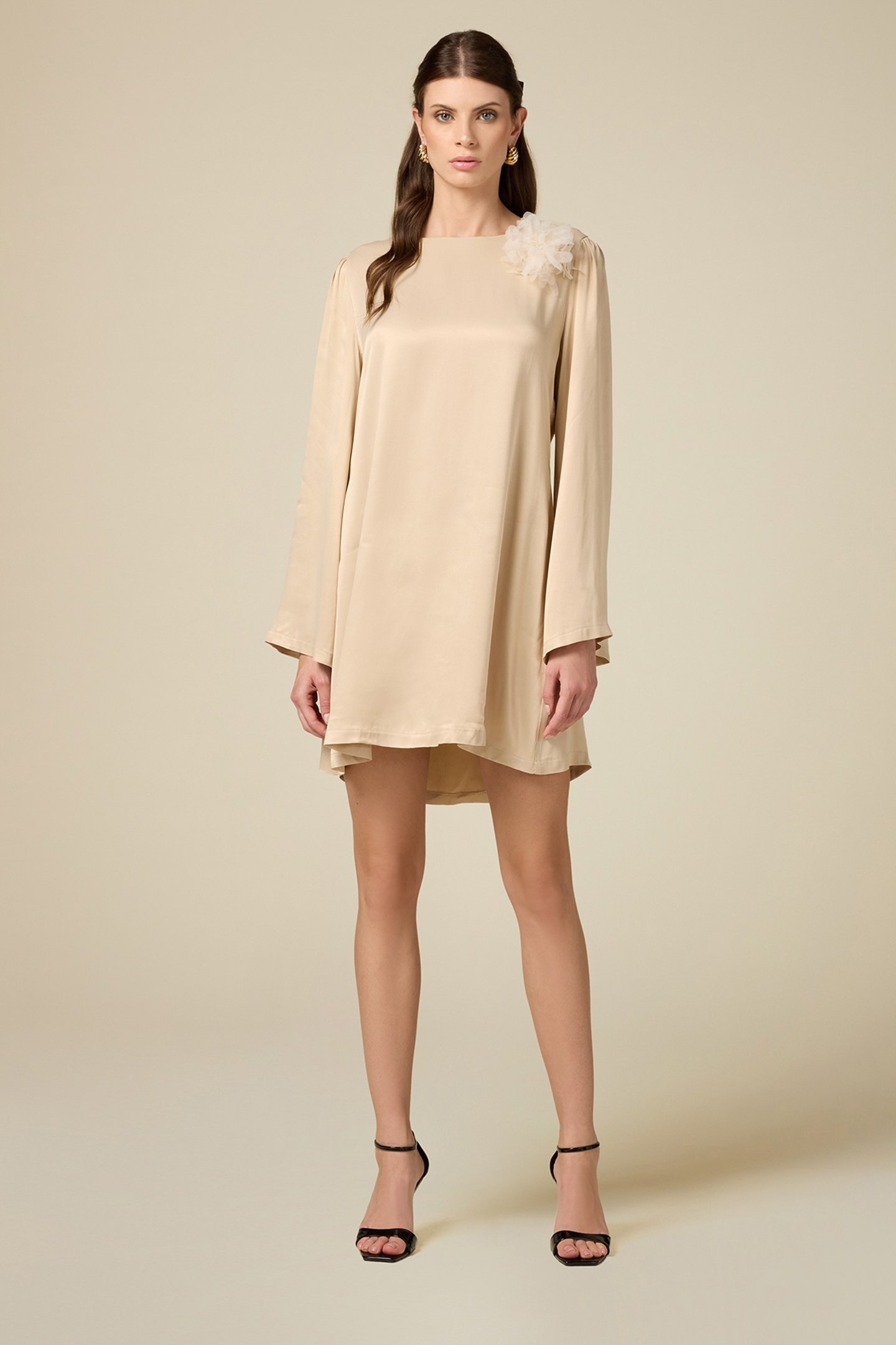LONG-SLEEVED SATIN DRESS BEIGE 1