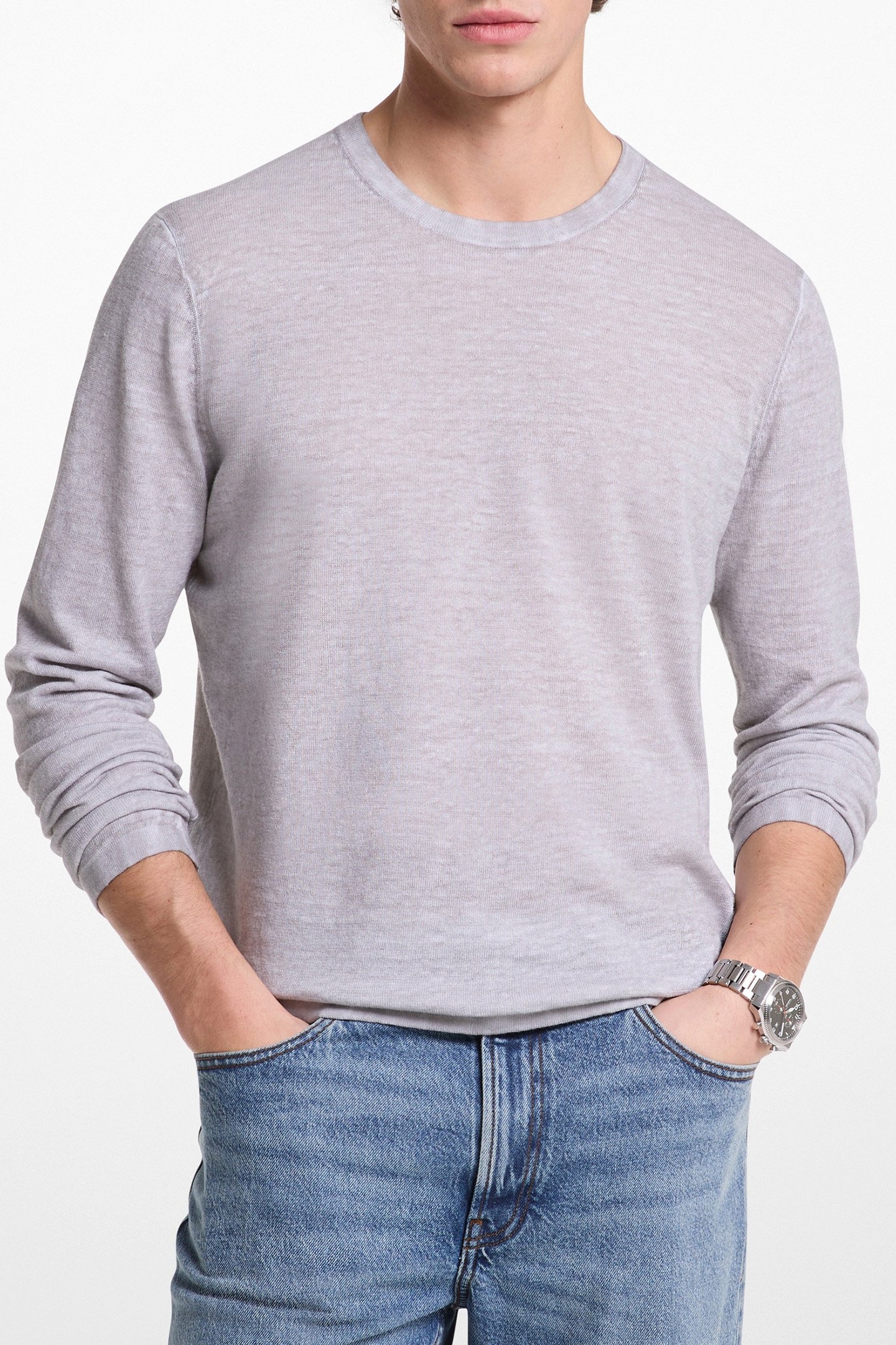LONG SLEEVE LINEN MIX CREW NECK TOP IN GREY 1