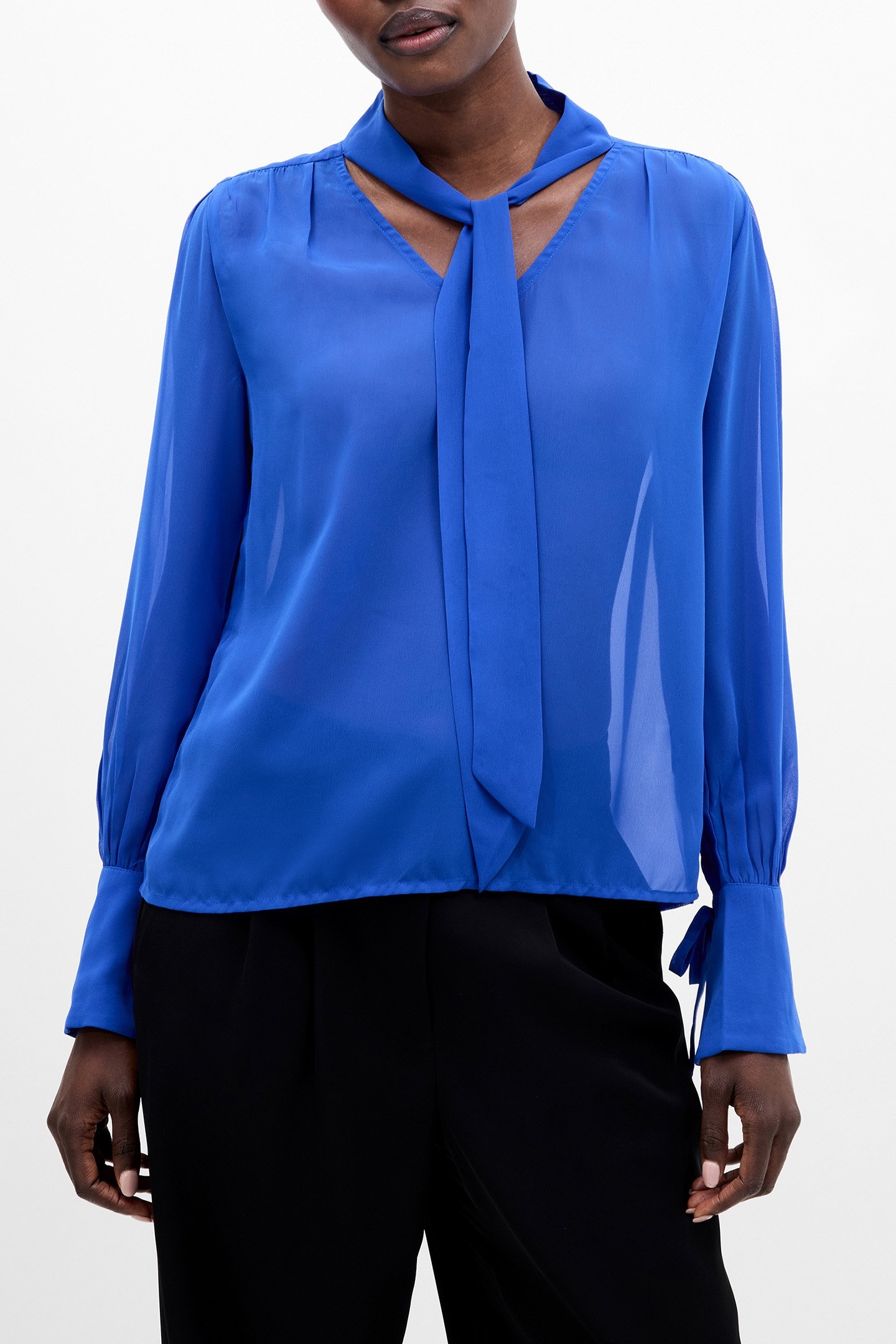 GEORGETTE LONG SLEEVE TIE NECK BLOUSE CHROMA BLUE 1