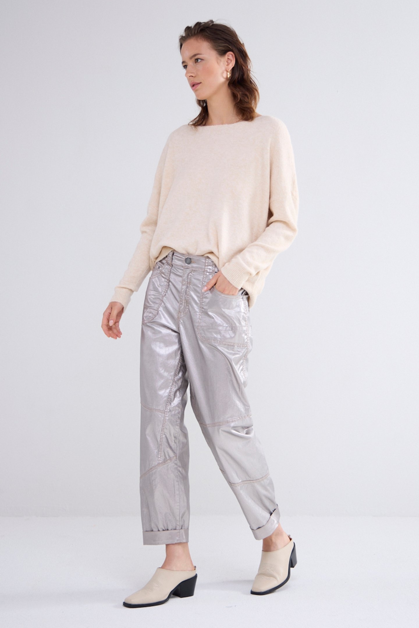 LOOSE TAPERED PANTS FOIL COATED TWILL GREYS 2