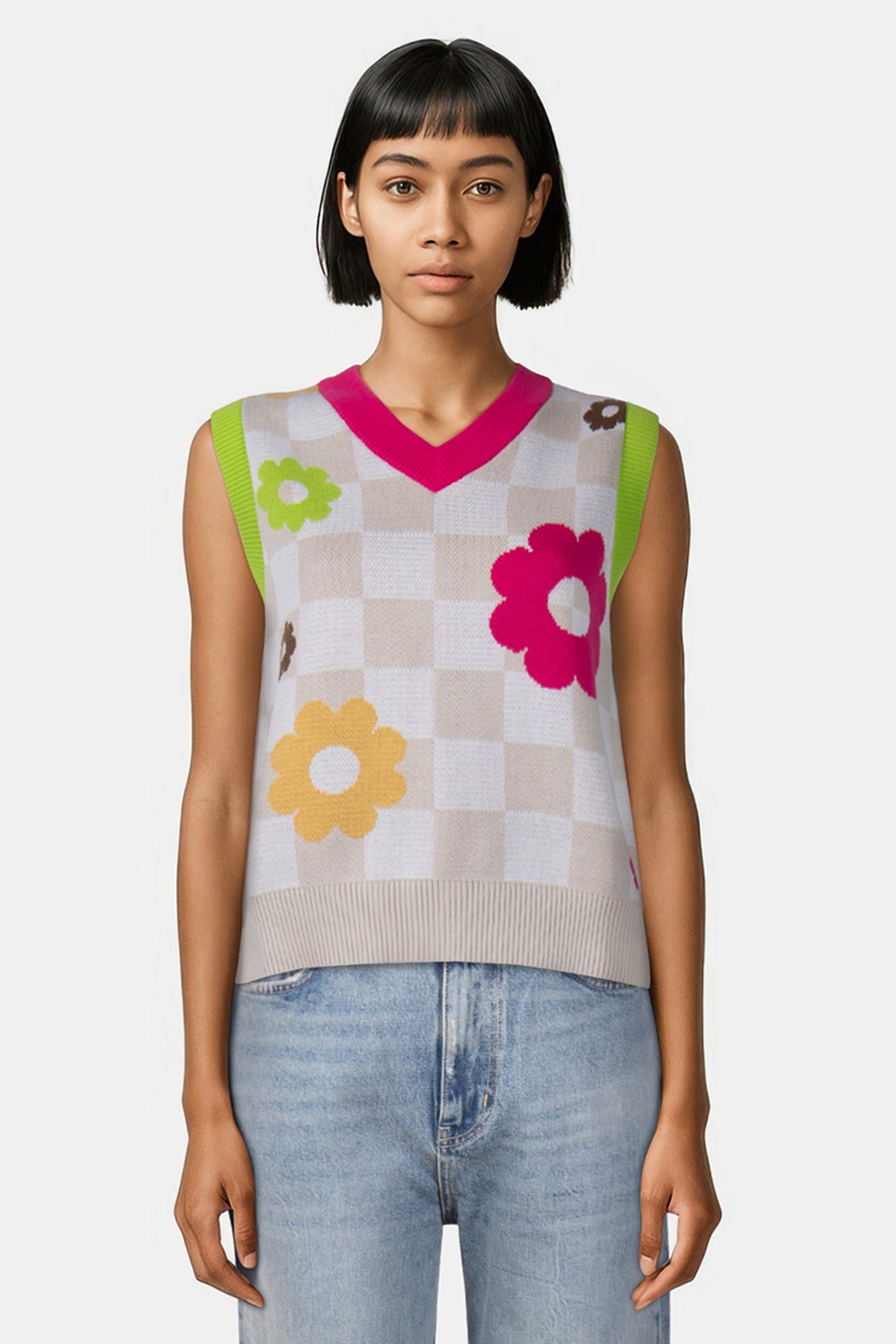 STELLA SWEATER VEST MENDED CHECK DENIM OATMEAL 1