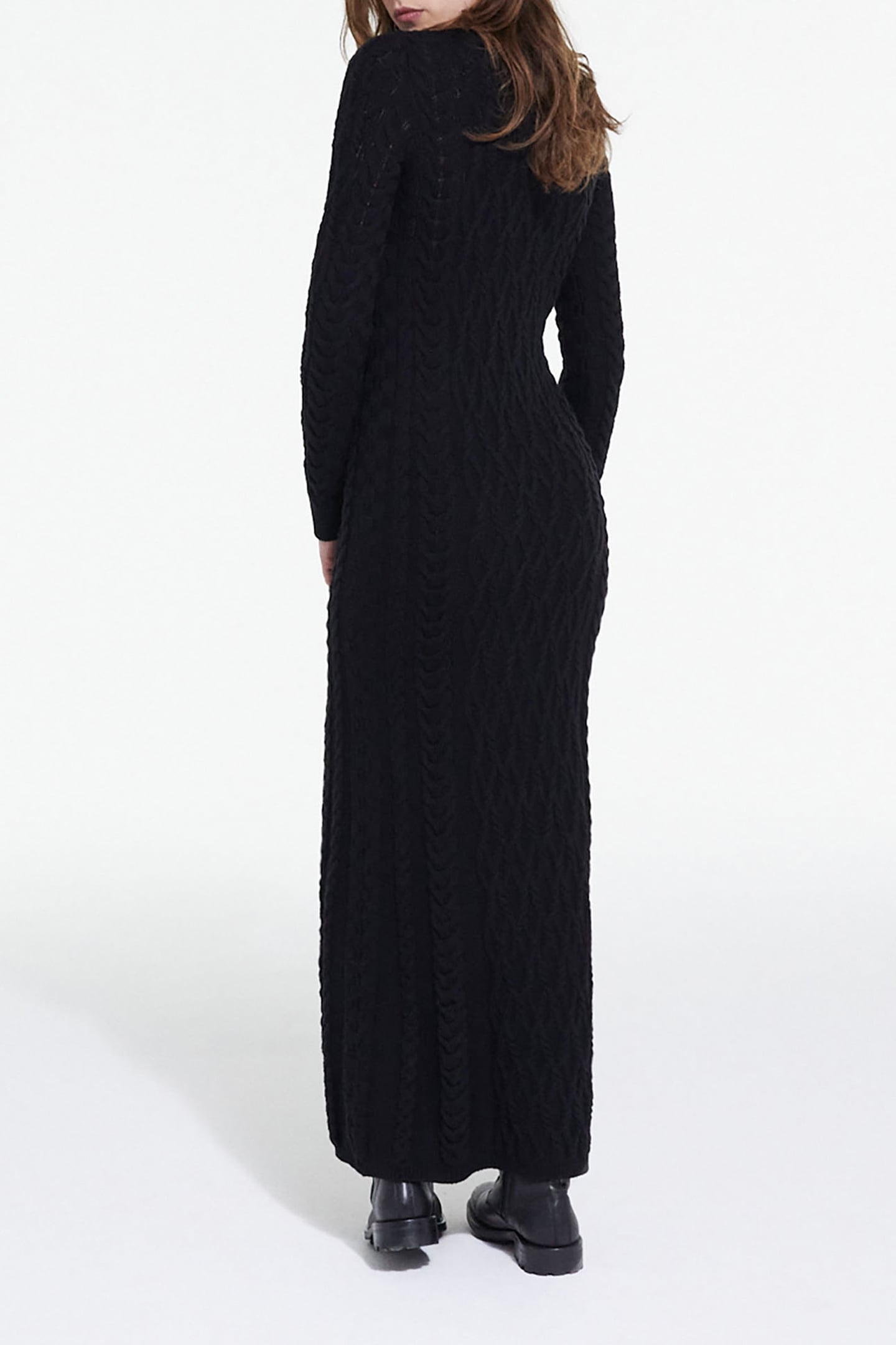 LONG-SLEEVED CABLE-KNIT WOOL DRESS BLACK 2