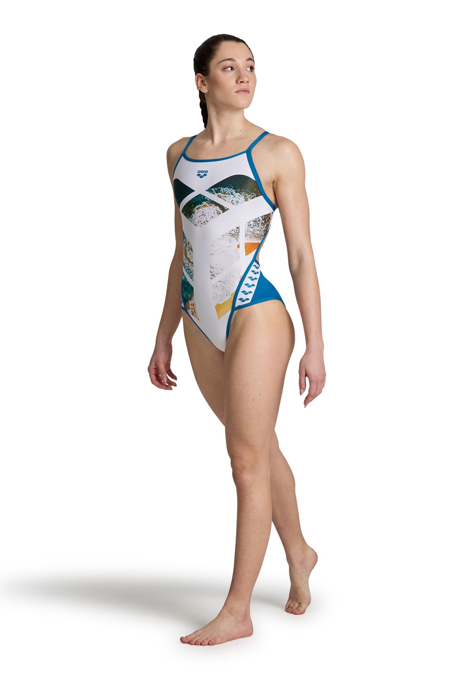 WOMEN'S ARENA PLANET SWIMSUIT SUPER FLY WHITE MULTI BLUE COS 3