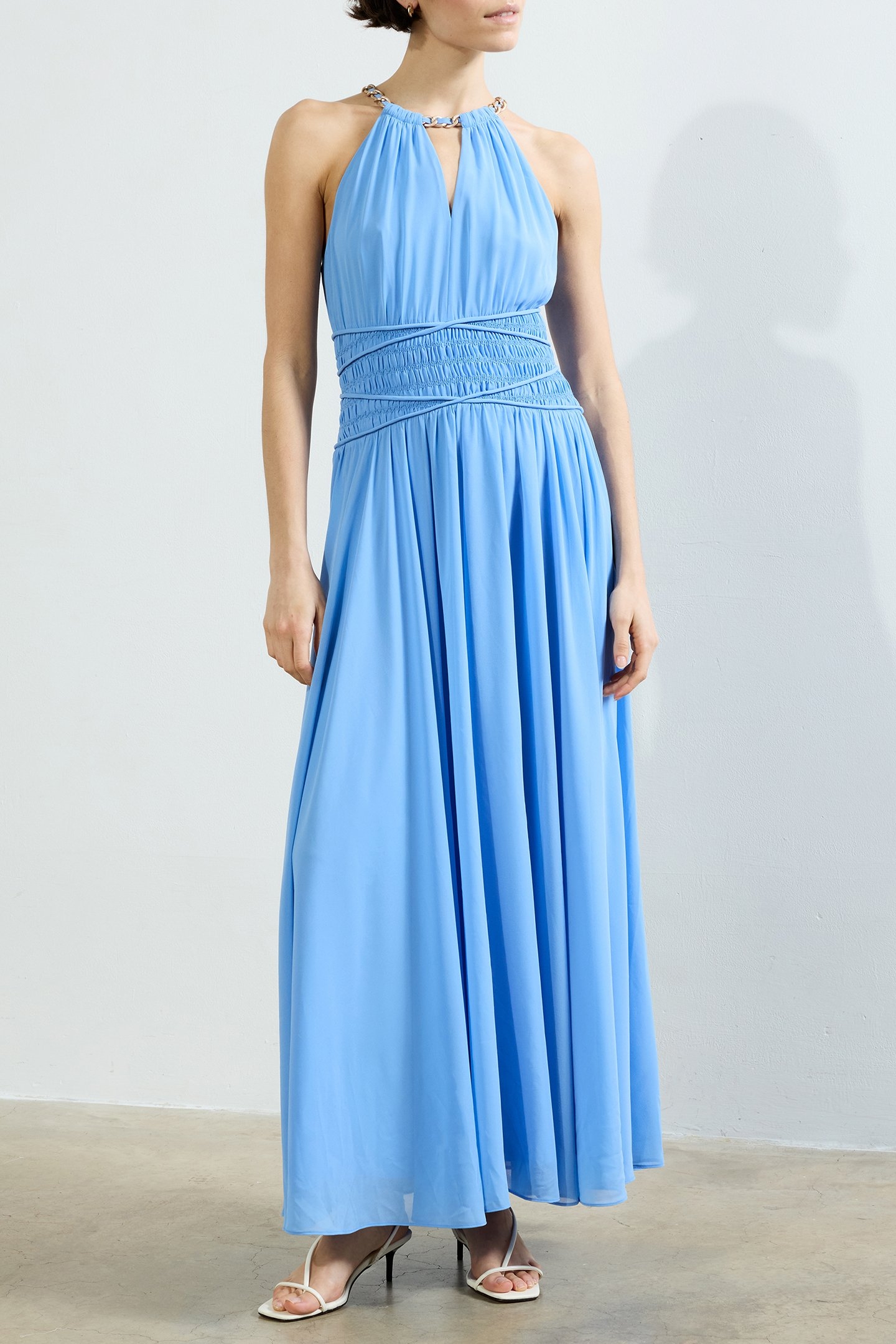 EDEN GEORGETTE HALTER NK DRESS CORNFLOWER BLUE 1