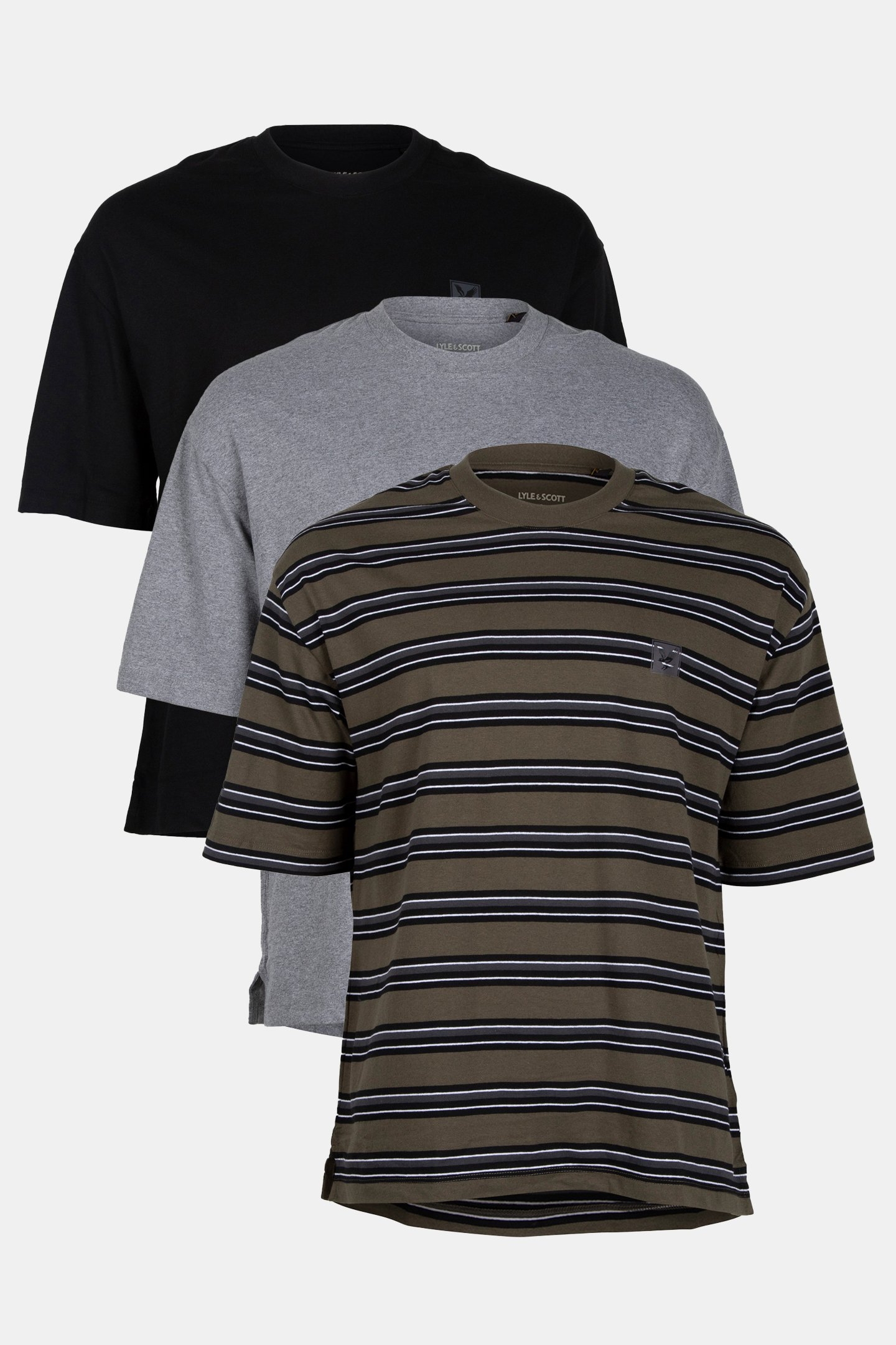 STRIPED 3 PACK RELAXED T-SHIRT OLIVE STRIPE/MID GREY MARL/JE 1