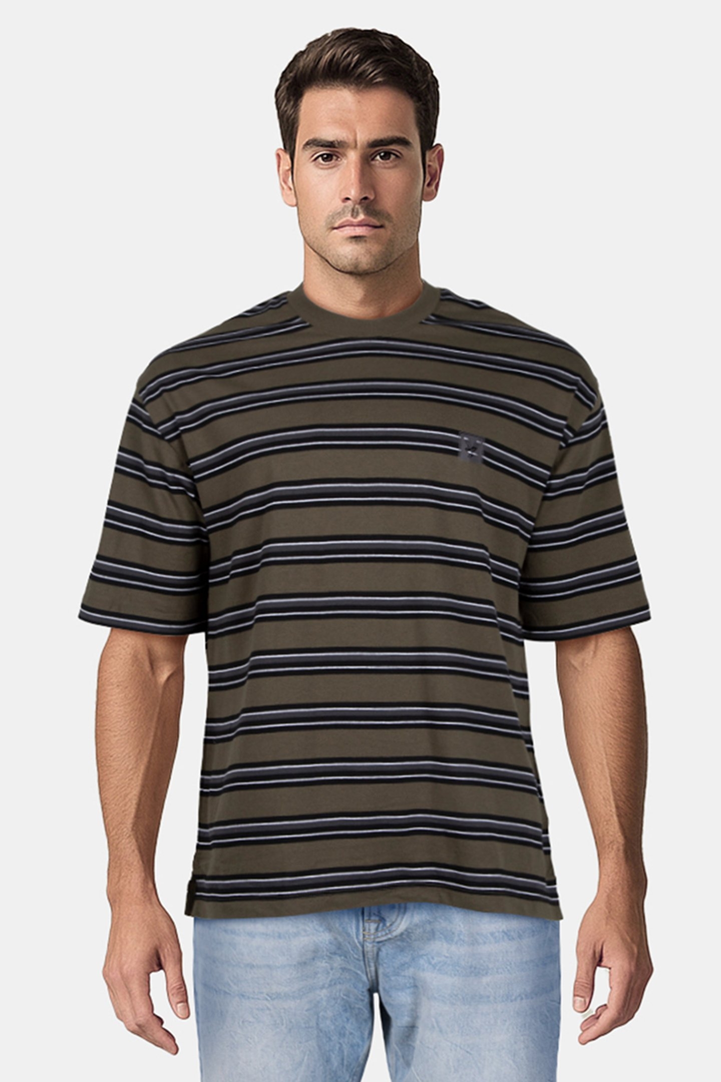 STRIPED 3 PACK RELAXED T-SHIRT OLIVE STRIPE/MID GREY MARL/JE 4