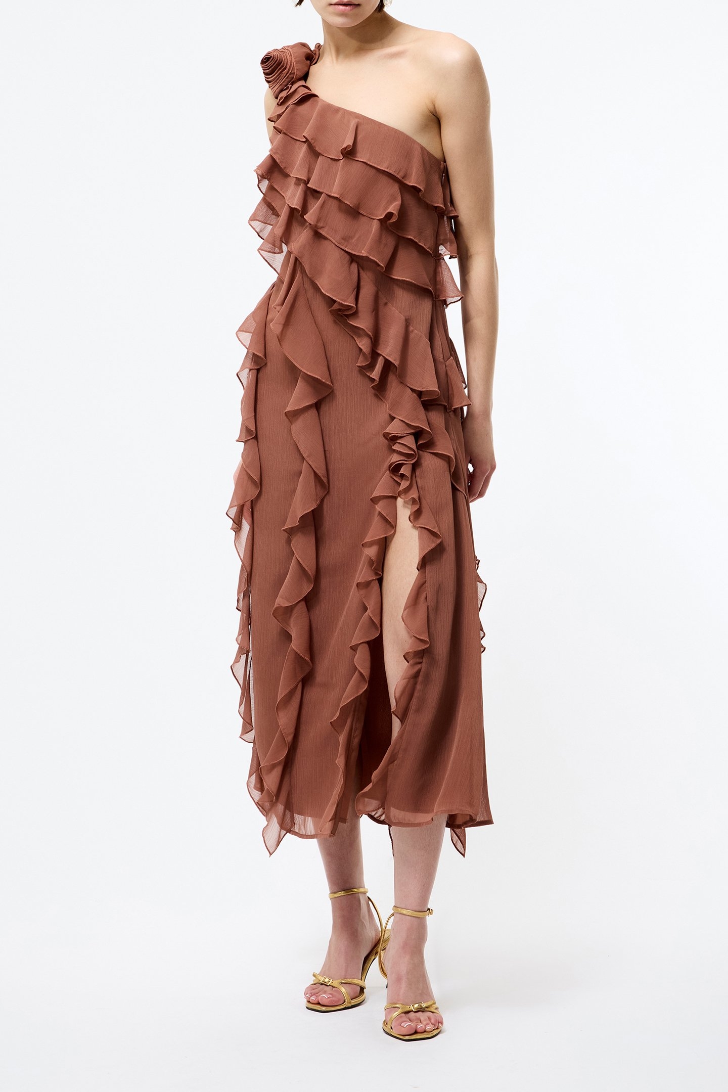 OSKAR GEORGETTE RUFFLE MIDI MOCHA 3