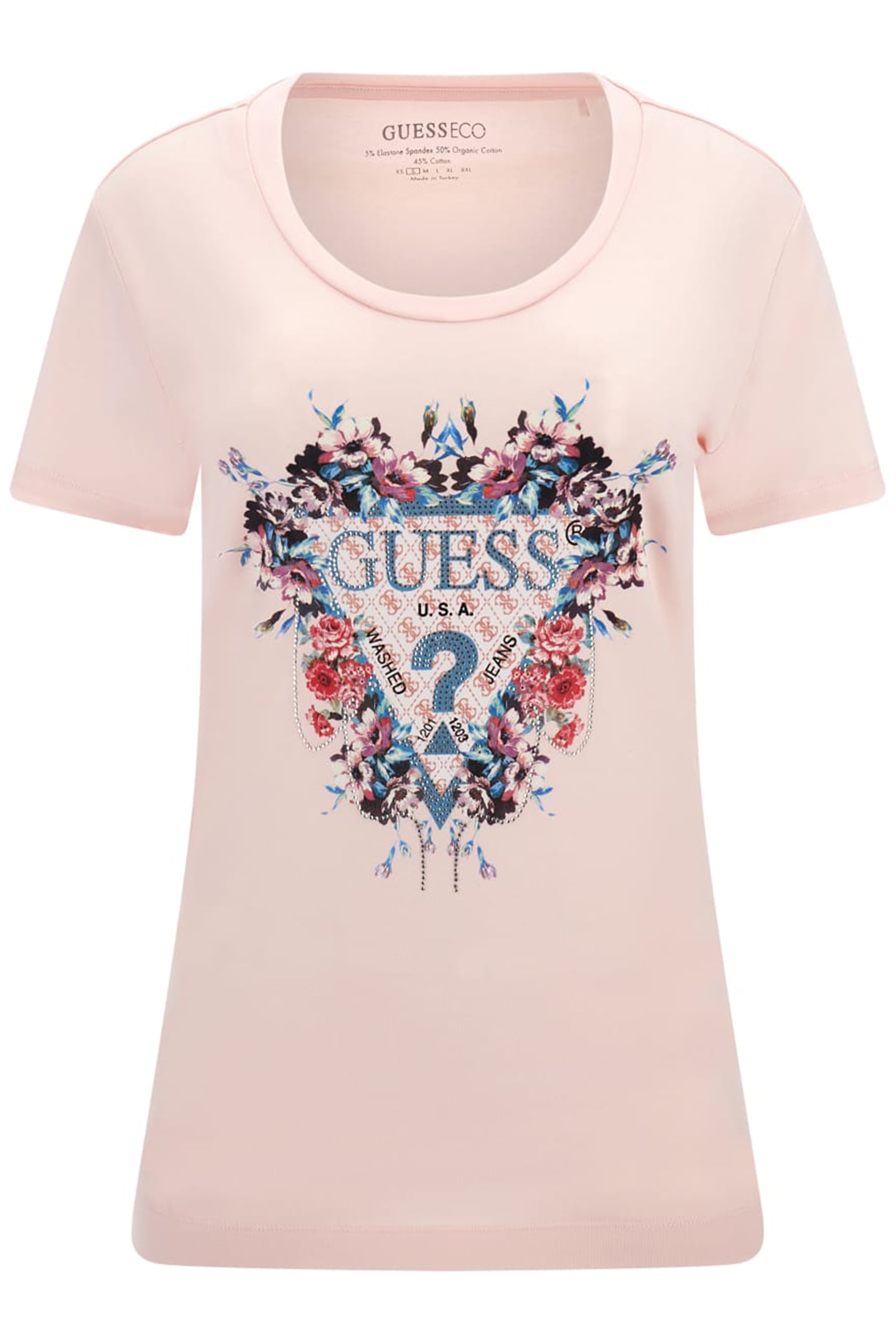 GUESS ECO SS RN FLOWERS TRIANG LOW KEY PINK 1