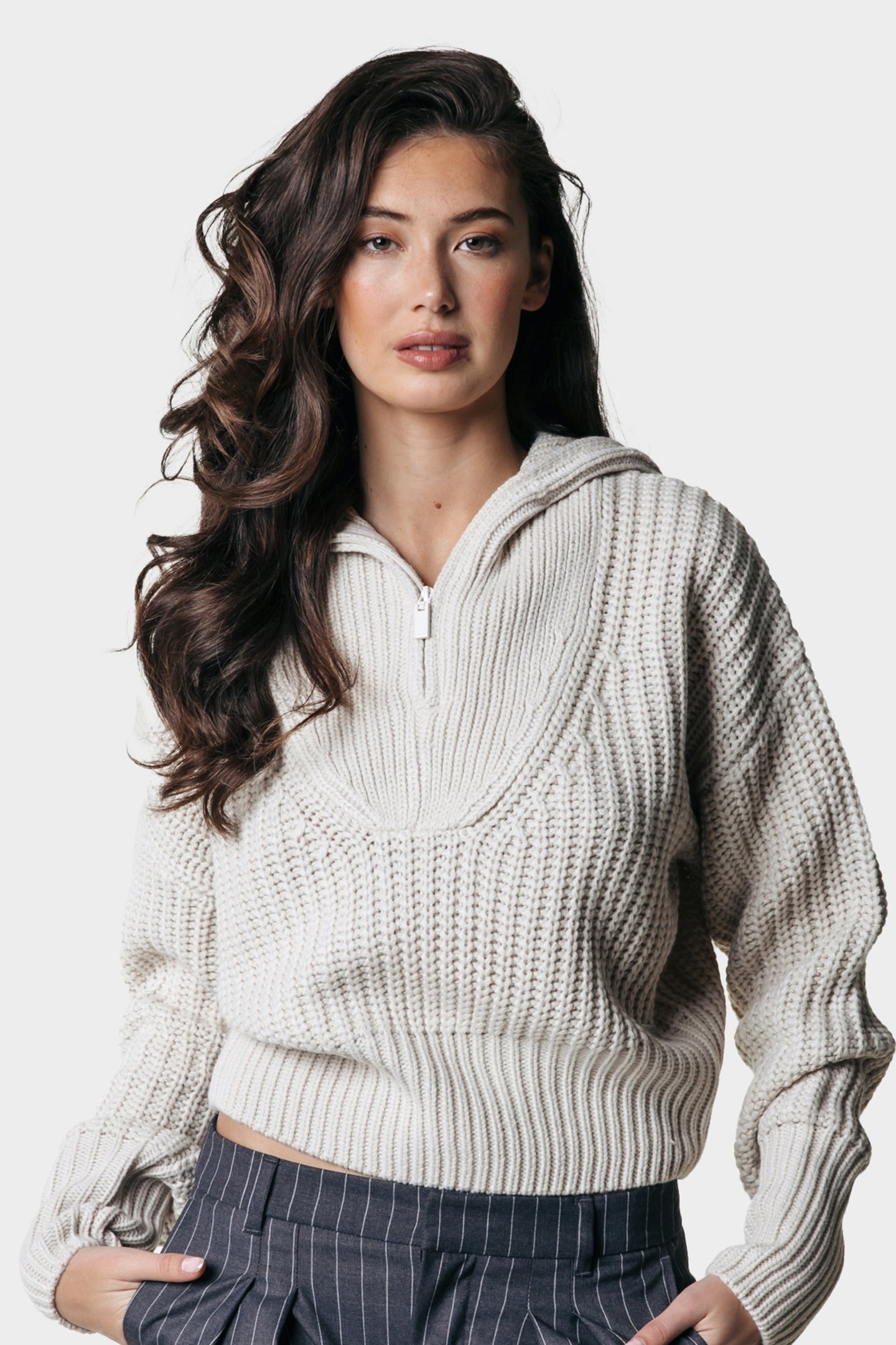 YFKE KNITWEAR ZIP PULLOVER FOG BEIGE 1