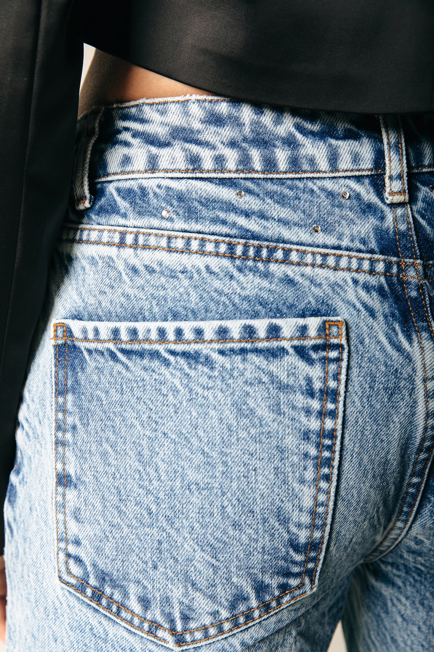 JONES RHINESTONE MID RISE STRAIGHT LEG DENIM PANTS MID BLUE 5