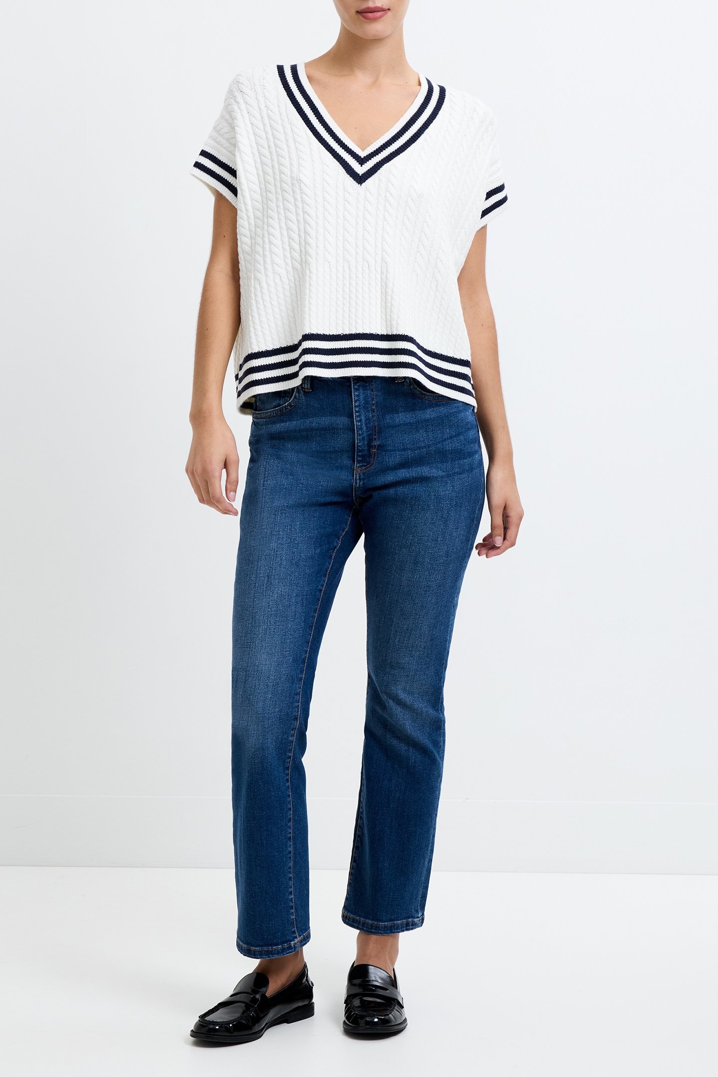 BABYSOFT CABLE KNIT V-NECK TANK VEST WINTER WHT/DUCH BLUE 3