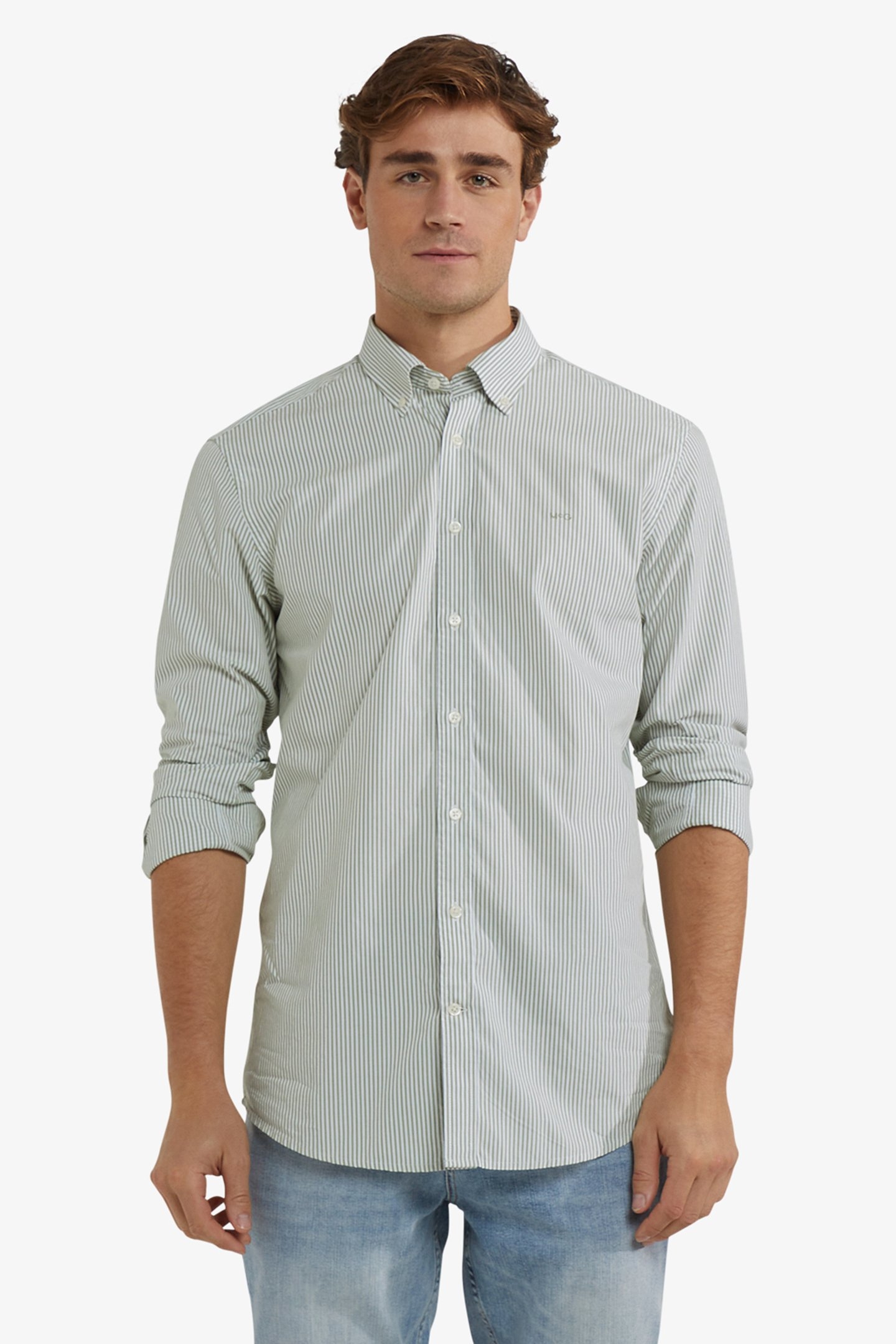 POPLIN STRIPE PEACHED SHIRT MOSS GREEN 1
