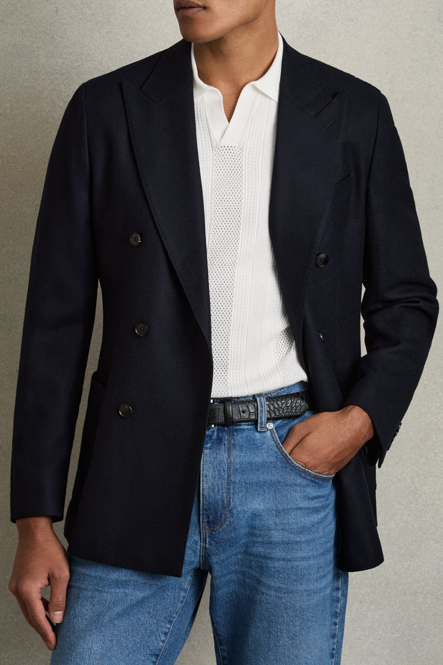 SS OPEN COLLAR STRIPE TEXTURED KNITTED POLO WHITE 6