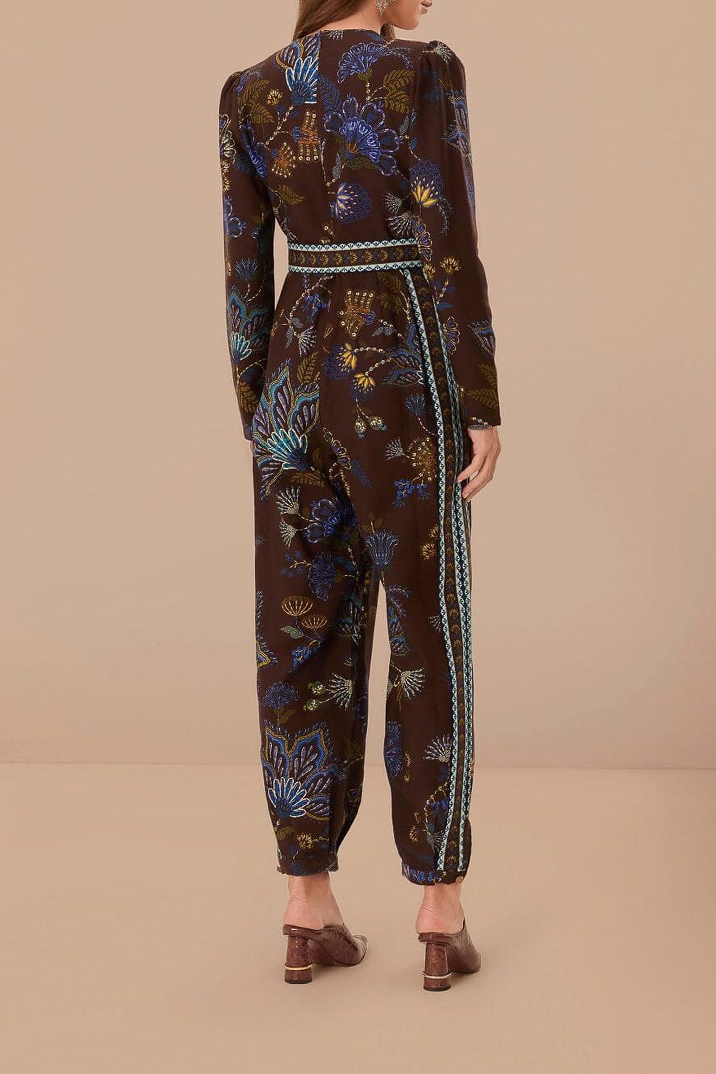 EMBROIDERED GARDEN BROWN V NECK JUMPSUIT 3