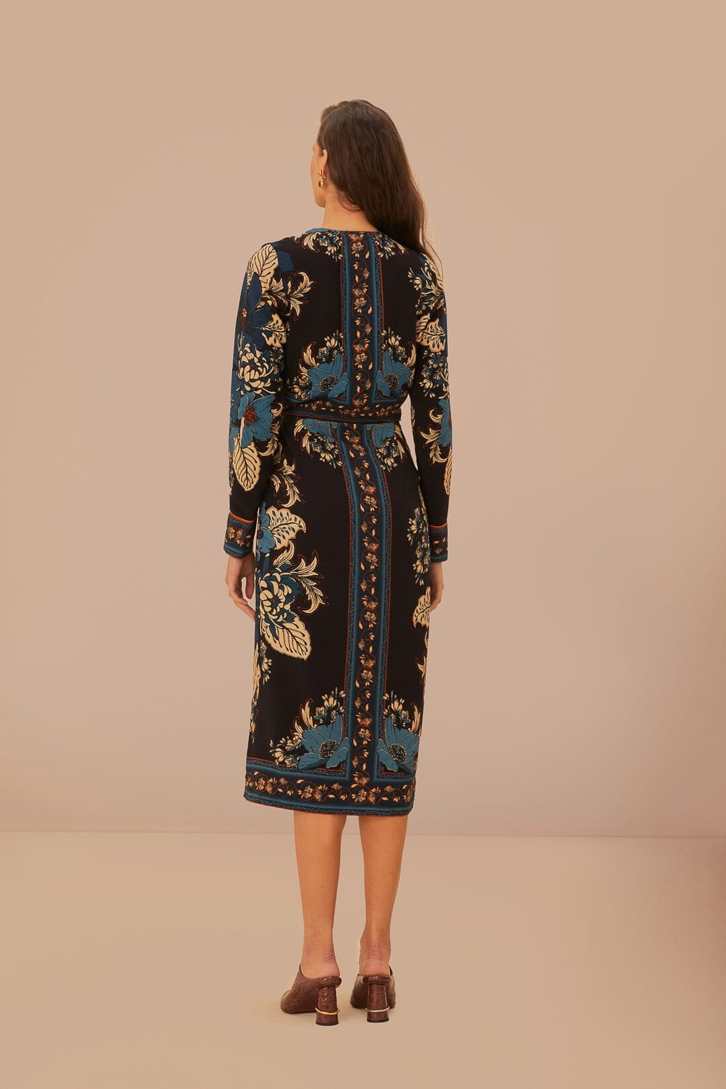 BLOSSOM TAPESTRY BLACK MIDI WRAP DRESS 3