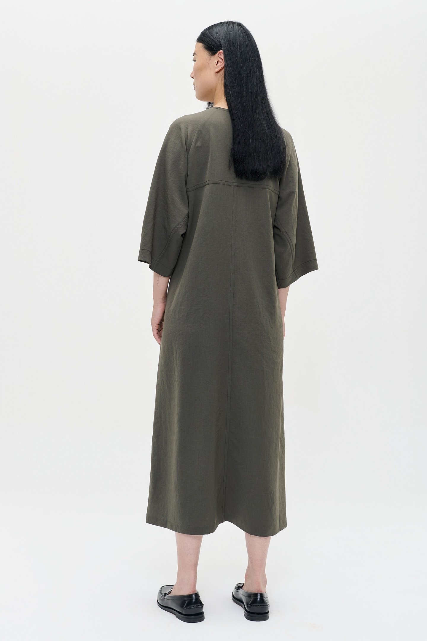 JAPANESE CREPE V-NECK DRESS GREEN KELP 4
