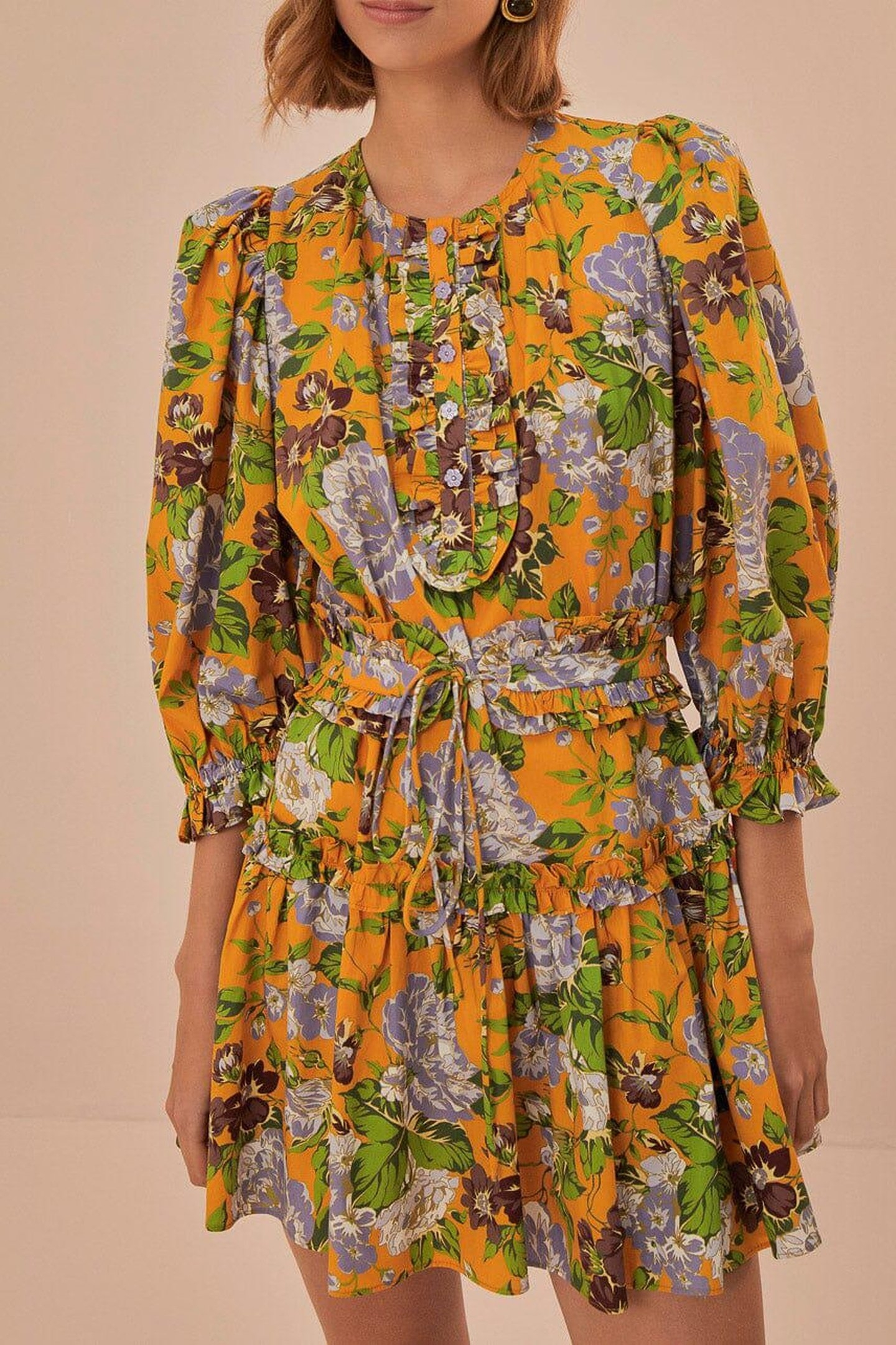 YELLOW CAPRI FLORAL MINI DRESS SHORT SLEEVE 1