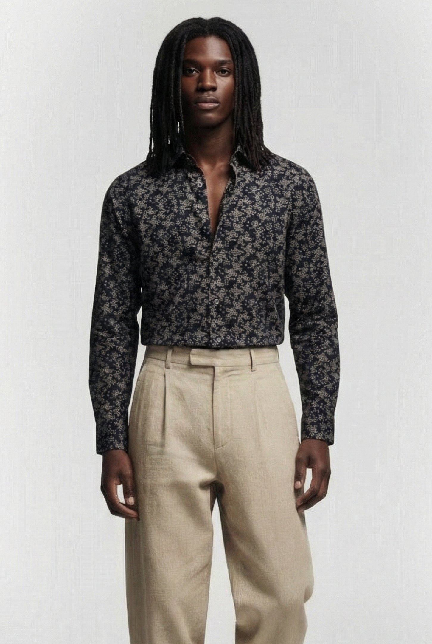 FLORAL CUT LONG SLEEVE SHIRT BLACK/STONE 1