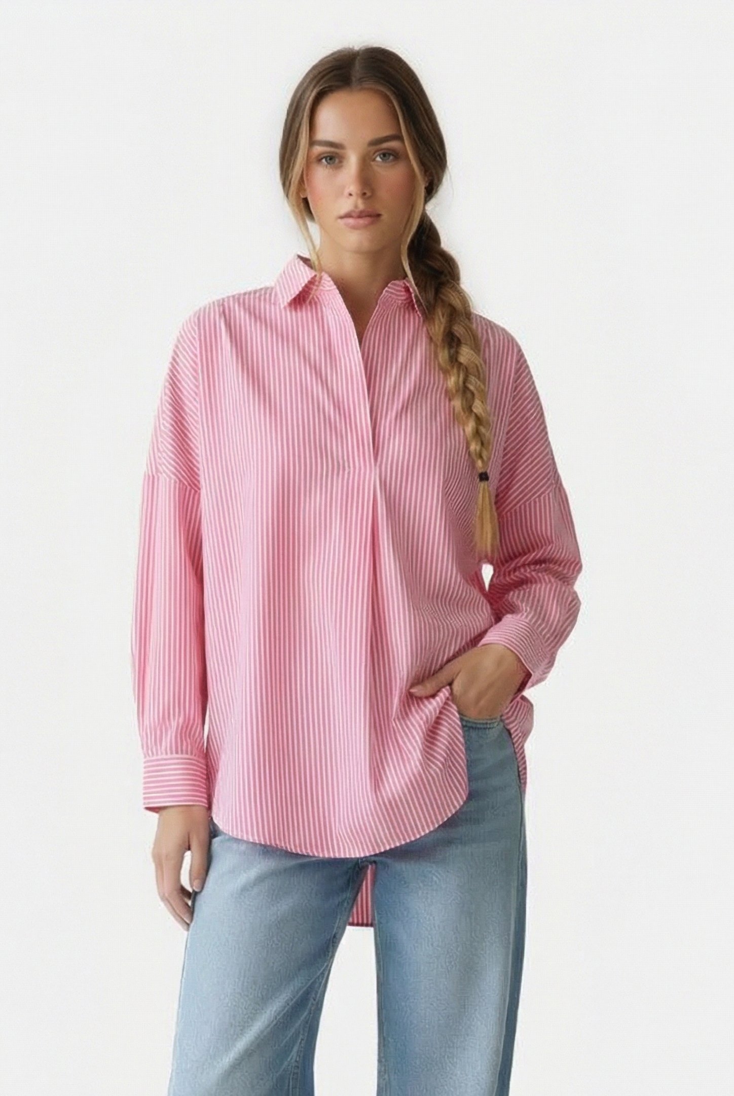 STRIPE POPLIN LONG SLEEVE POPOVER CAMELLIA/WHT TICKSTP 1