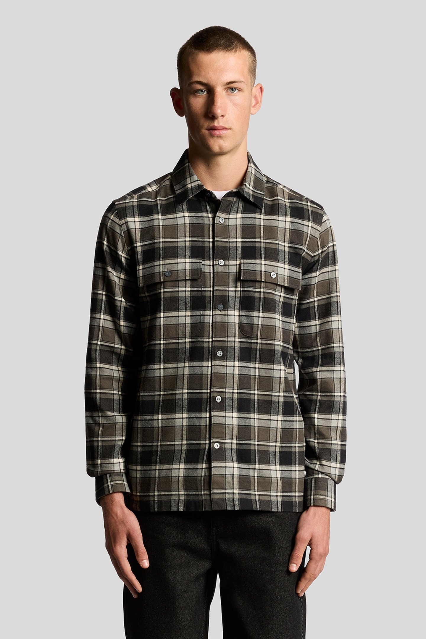 BRUSHED COTTON CHECK SHIRT JET BLACK/LIMESTONE 2