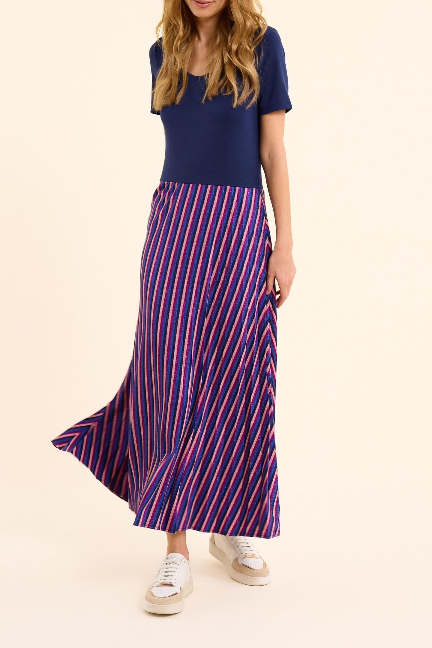 LUREX STRIPED PLEATED BI-MATERIAL MAXI DRESS VIOLINE 1