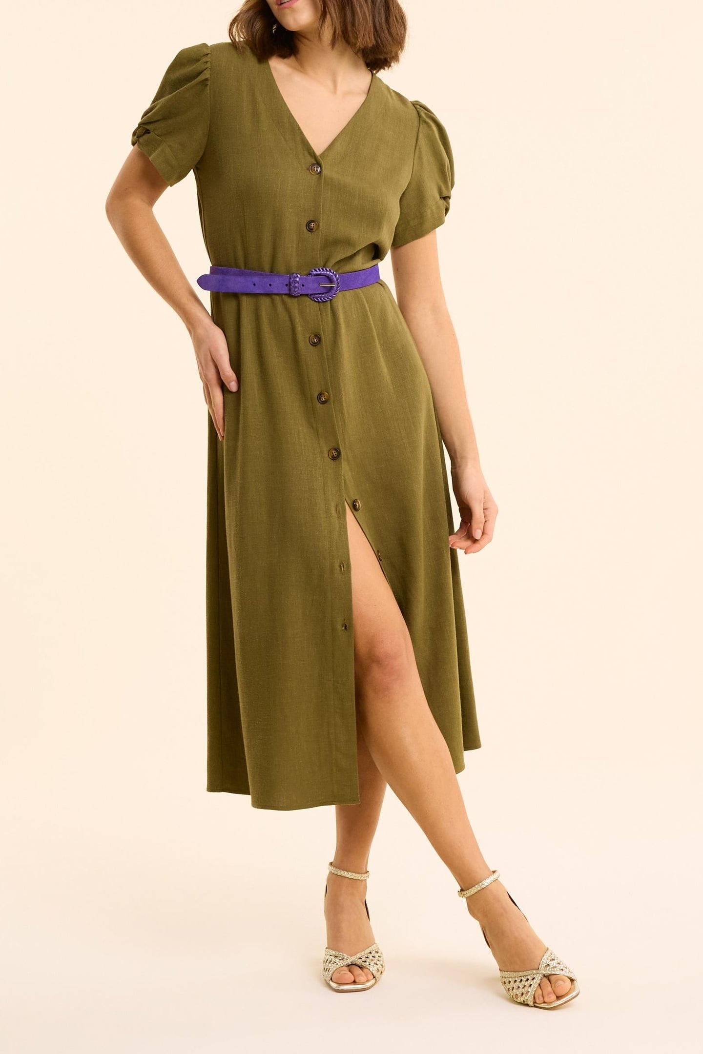KHAKI LINEN BLEND BUTTONED MIDI DRESS KHAKI 1