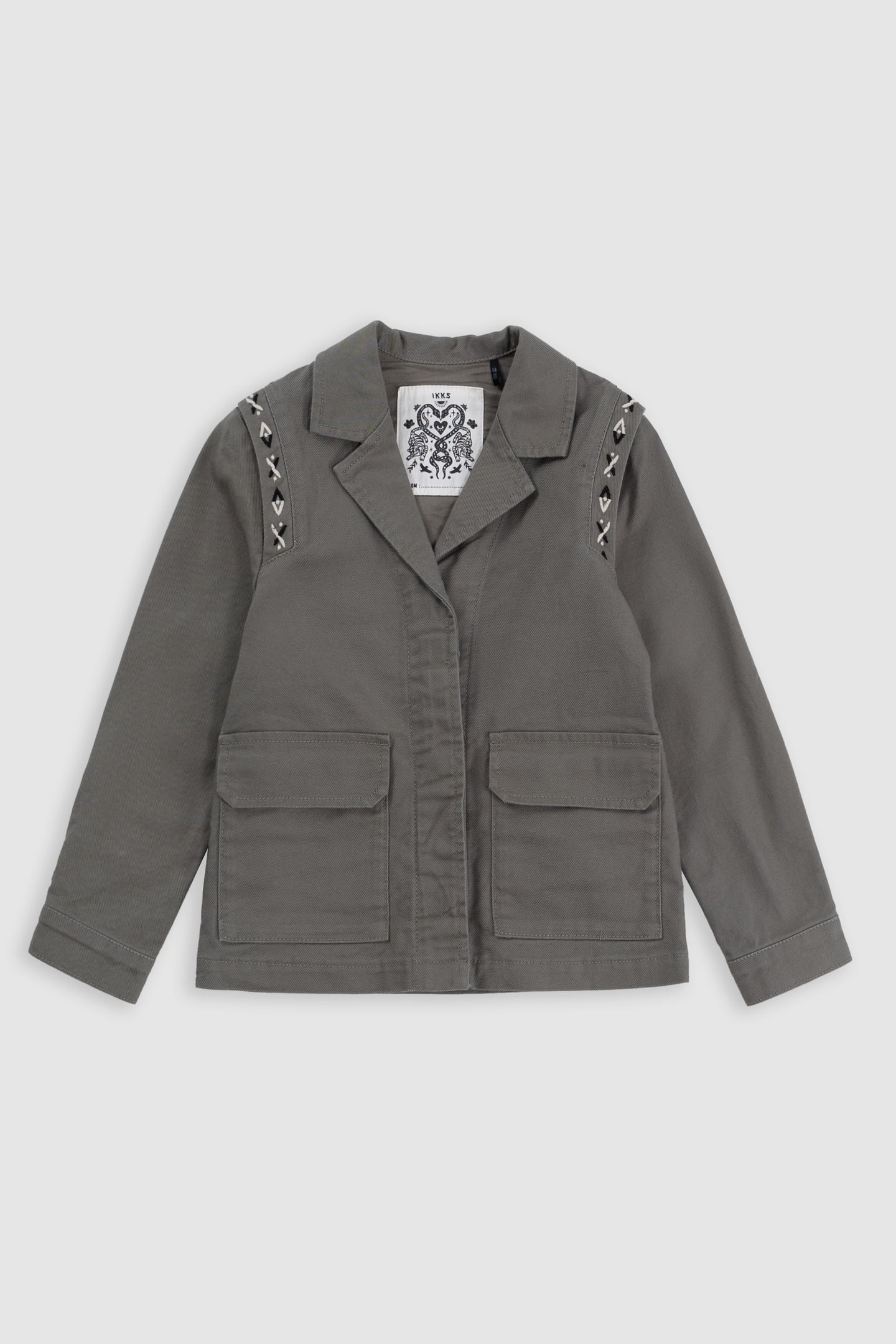 KHAKI MAXI EMBROIDERED BACK SAFARI JACKET 1