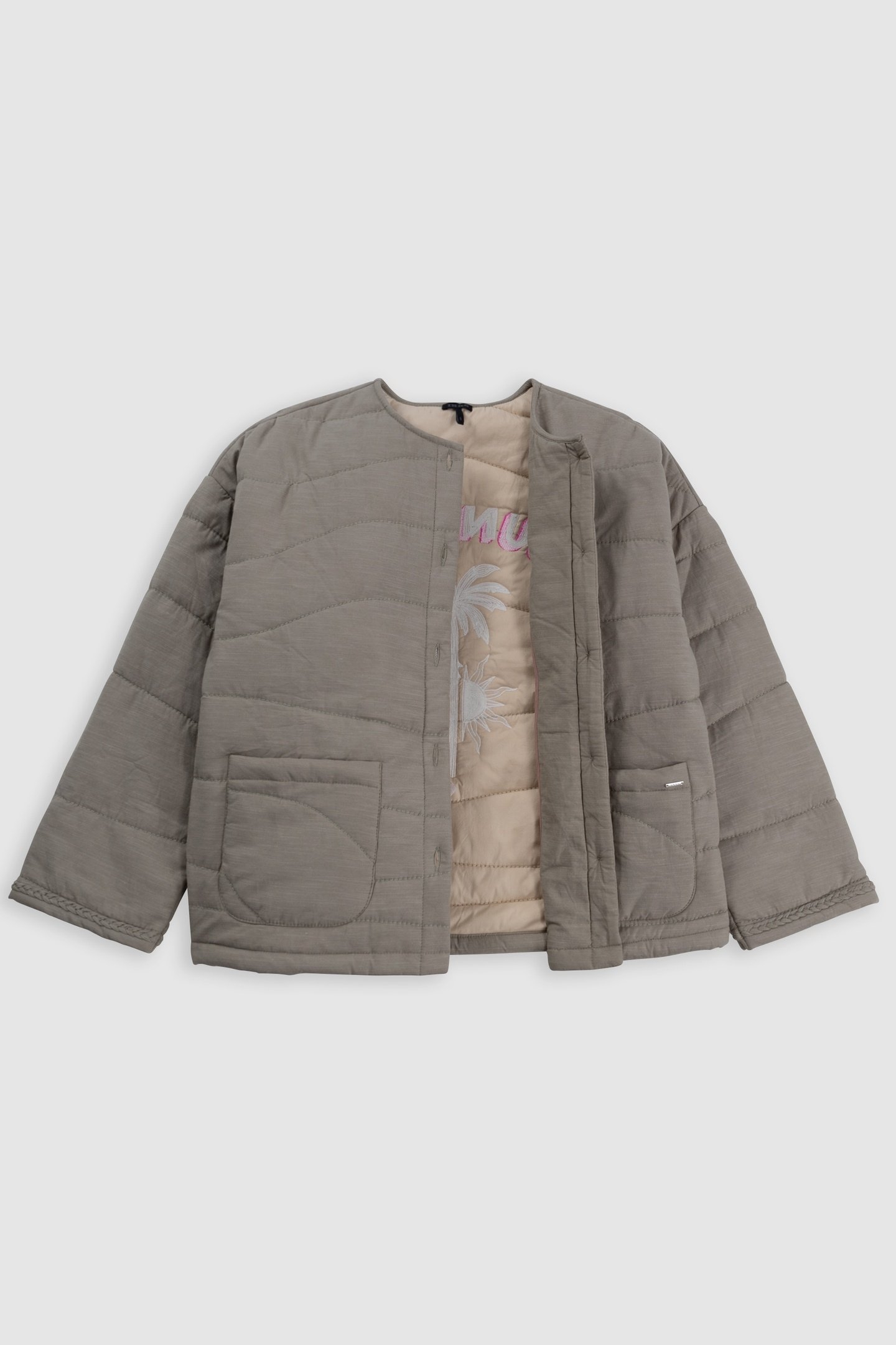 KHAKI QUILTED JACKET WITH MAXI BACK EMBROIDERY 3