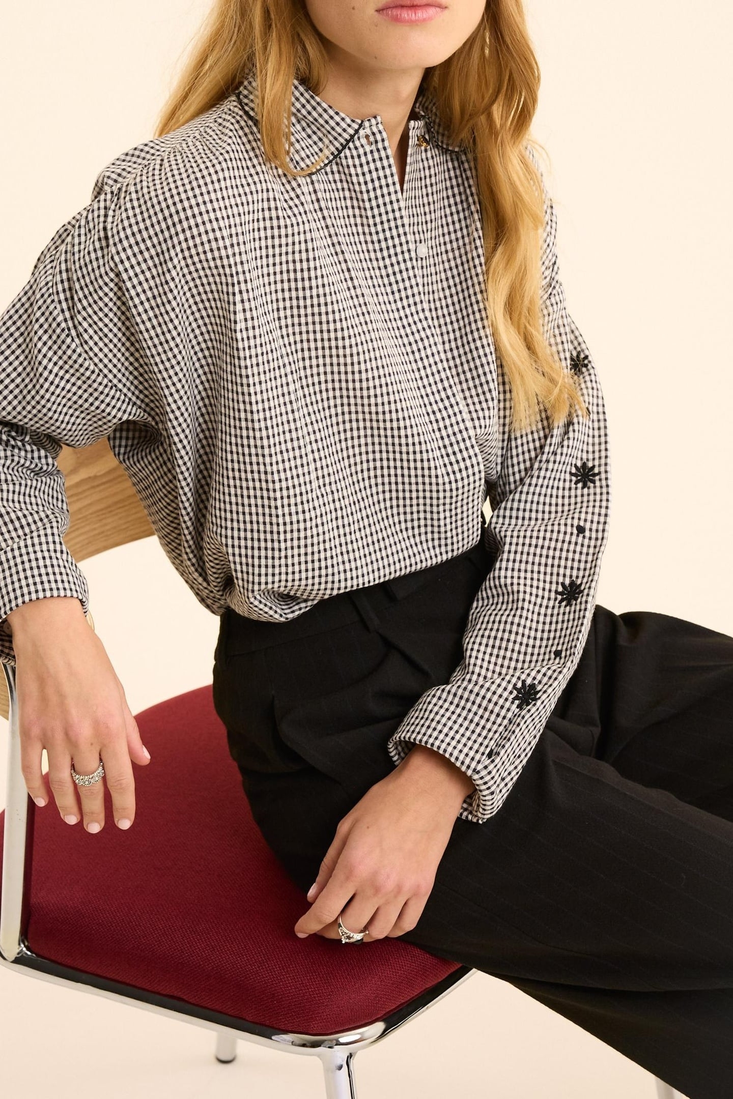 ECRU GINGHAM SHIRT WITH FLOWER EMBROIDERY ECRU 1