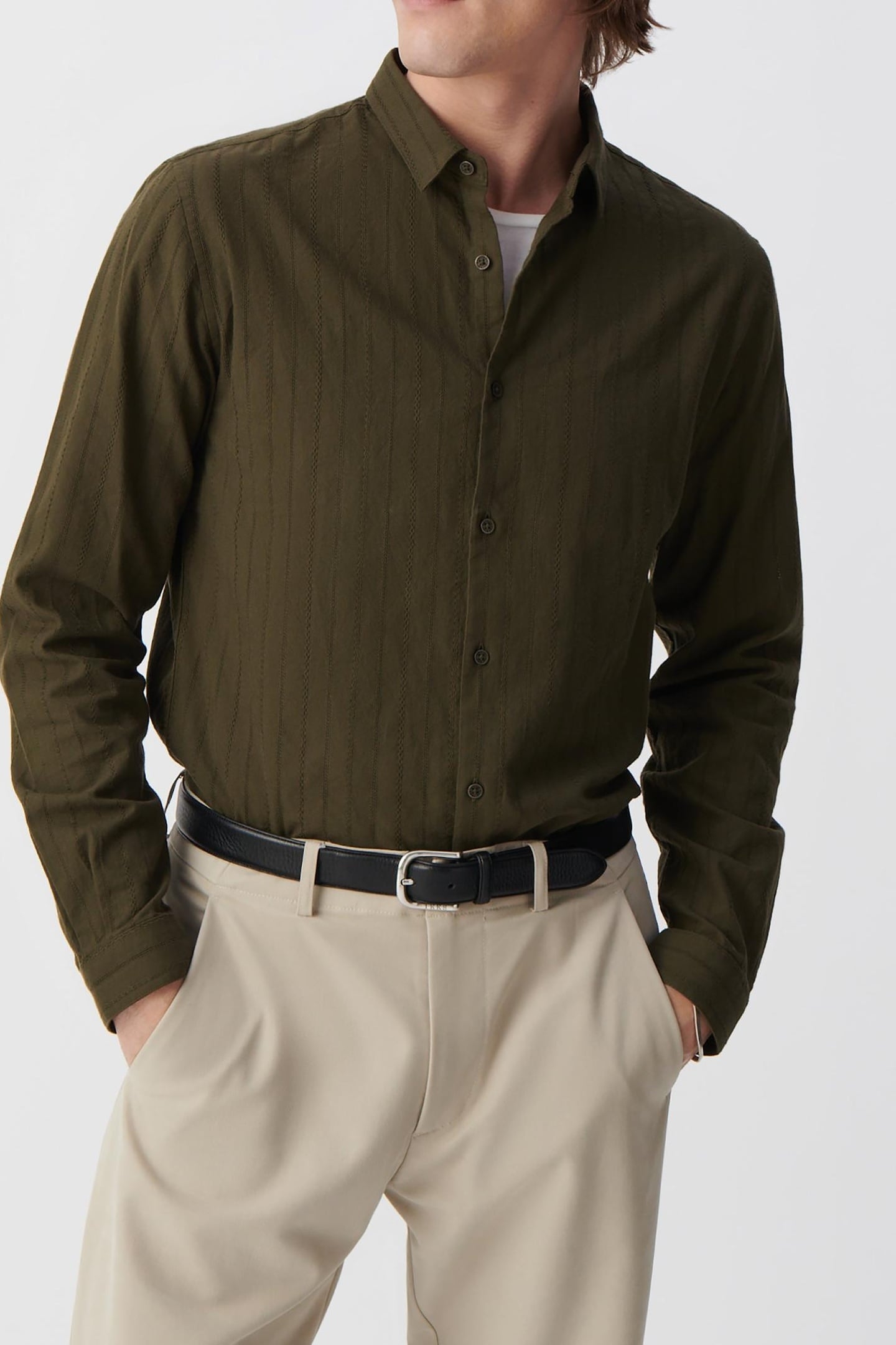 KHAKI ORGANIC COTTON SLIM SHIRT, STRIPED EMBROIDERY 3