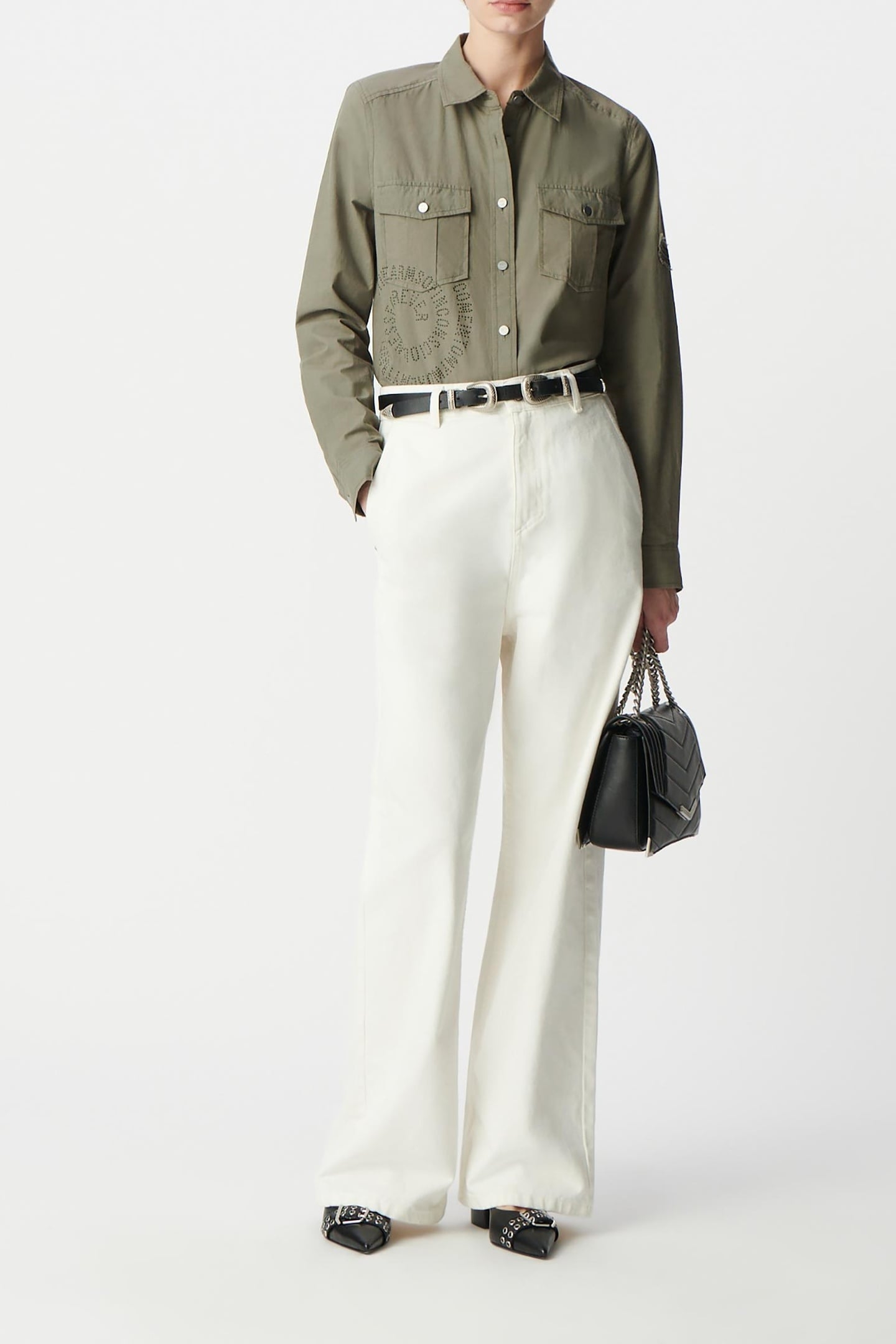 ORGANIC COTTON KHAKI SHIRT WITH STUDDED SPIRAL MESSAGE 1