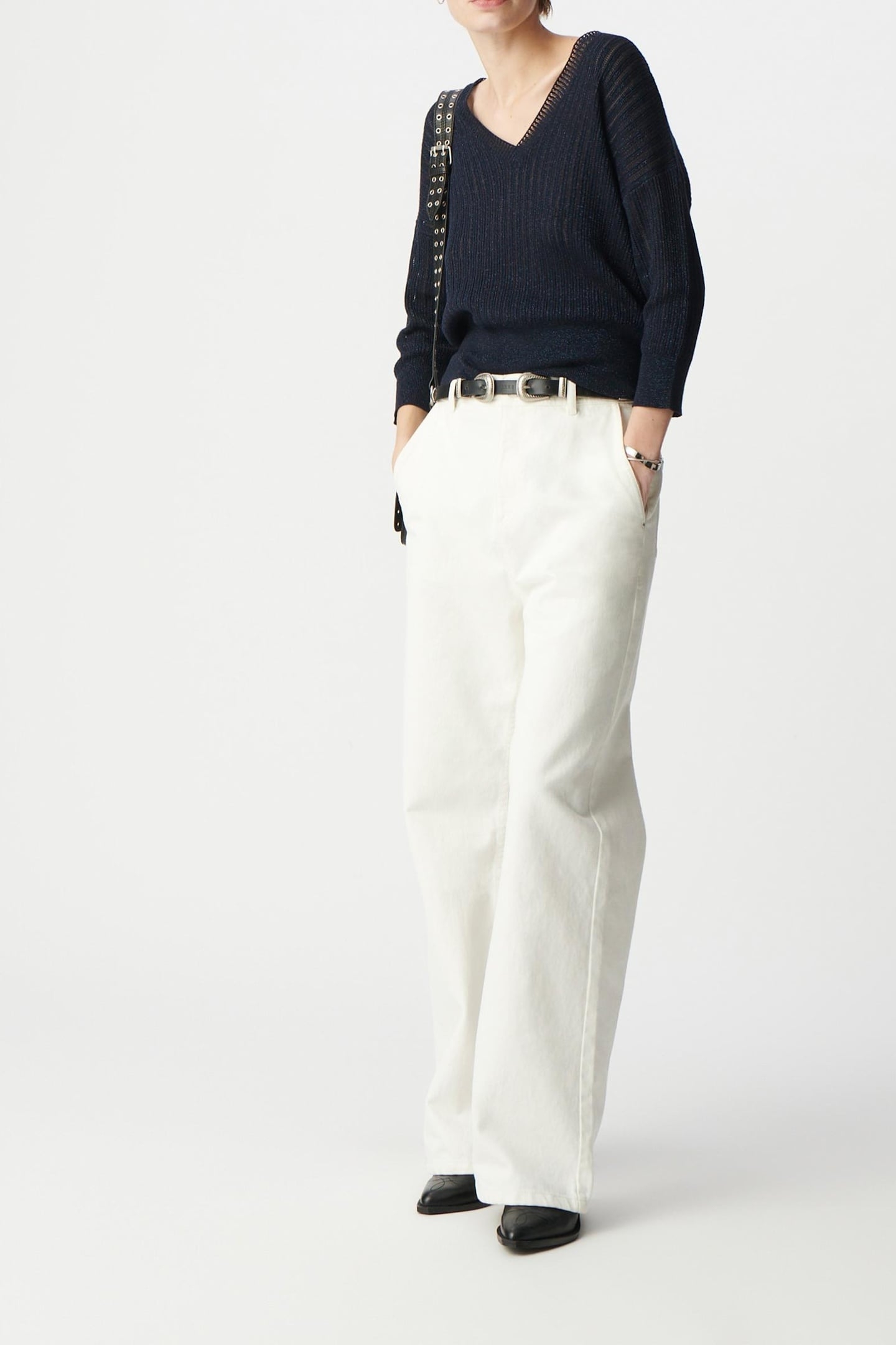 CHIC NAVY OPENWORK LUREX SWEATER 1