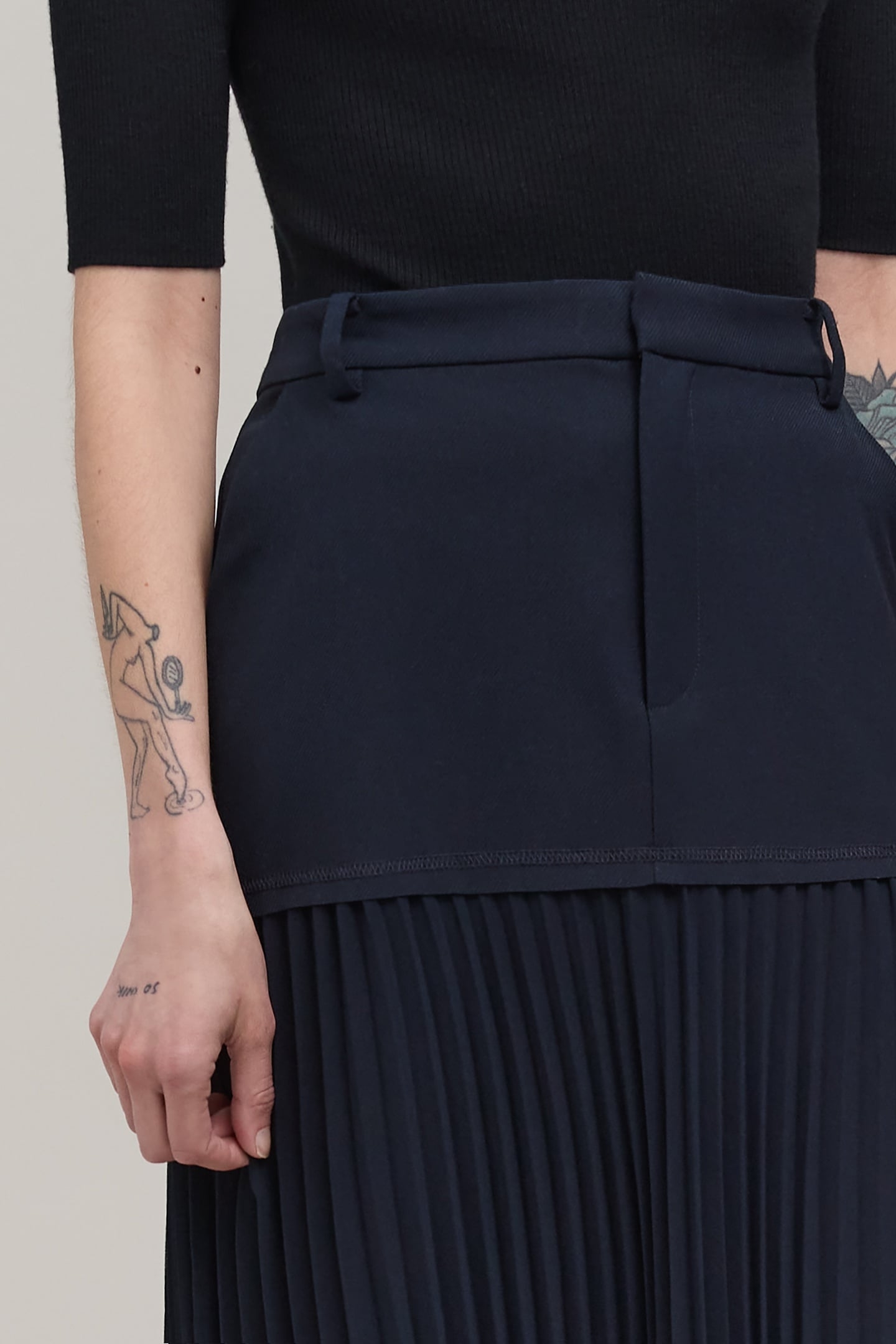 NAVY BI-MATERIAL LONG SKIRT 7