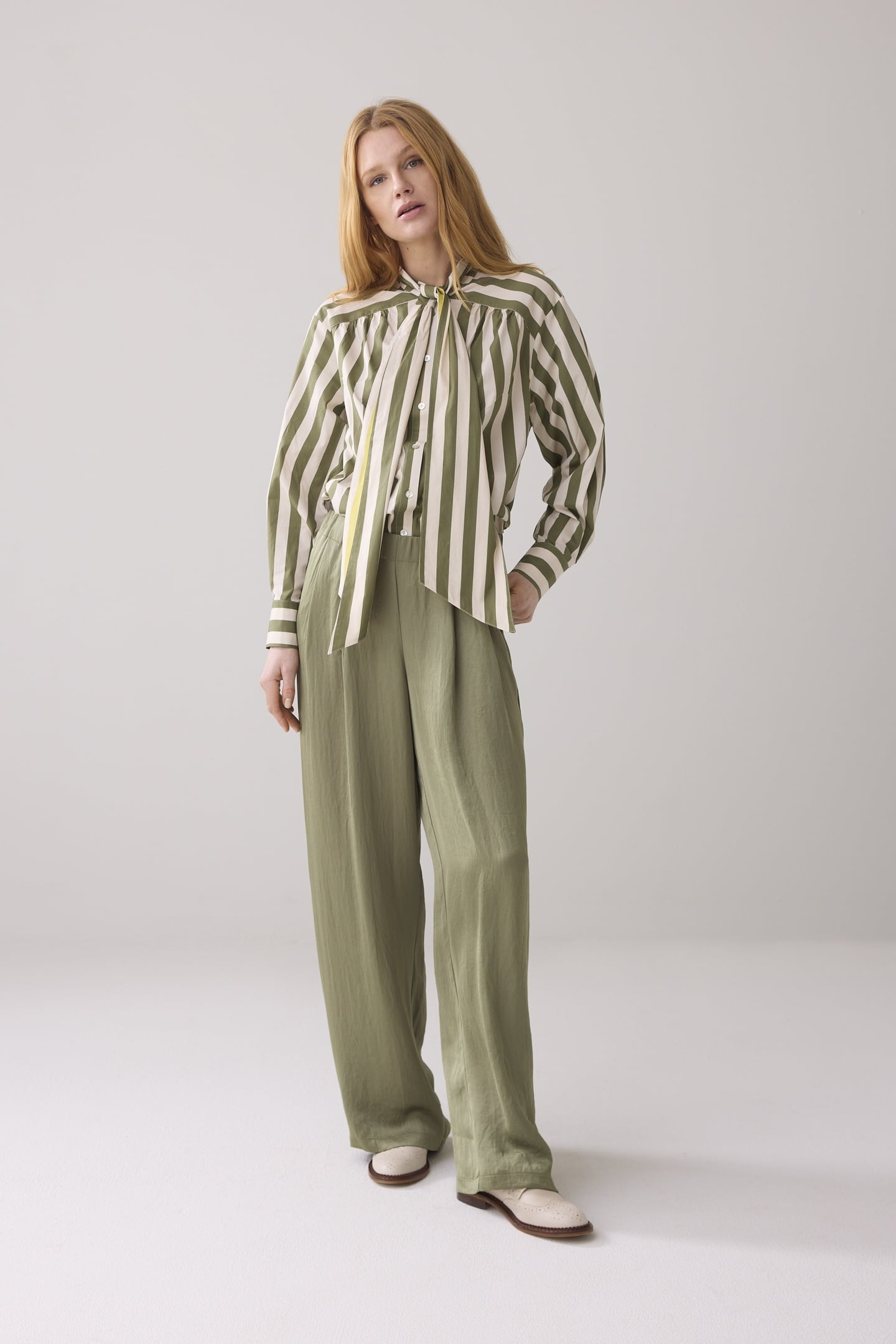 BLOUSE BOW TIE PRINTED STRIPE COMBAT GREEN 1