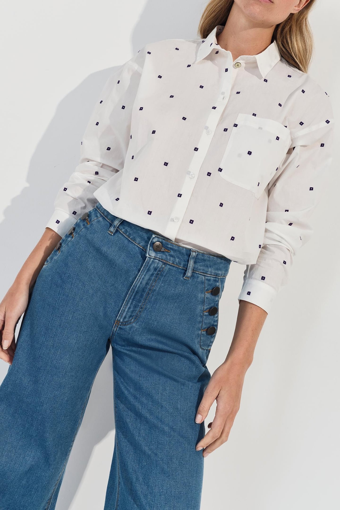 CELESTE - ECRU SHIRT WITH SMALL PURPLE SQUARE EMBROIDERY 1