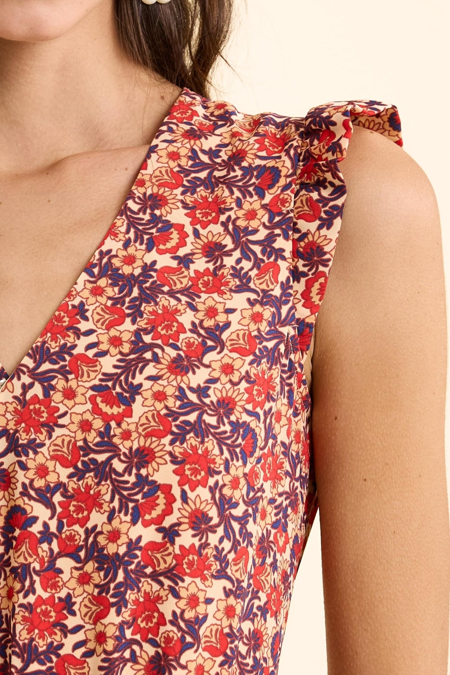 RED PLEATED LONG DRESS WITH FLOWERY PRINT ECRU 6