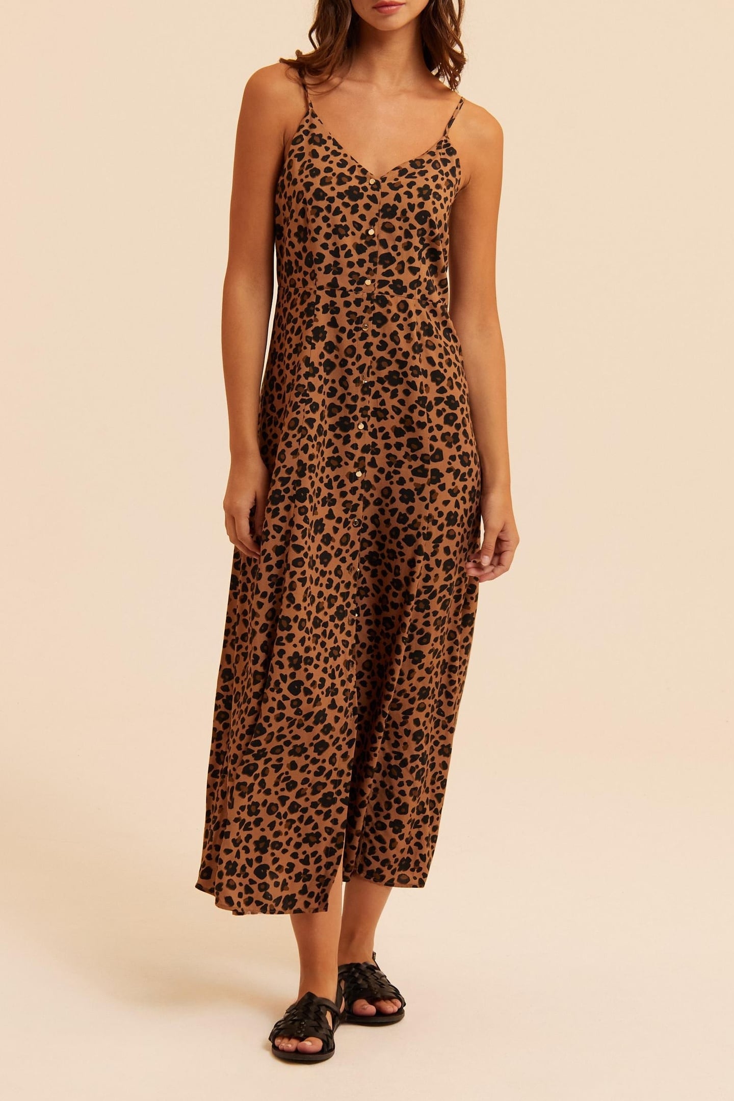 LONG LEOPARD PRINT DRESS WITH THIN STRAPS CAMEL 2