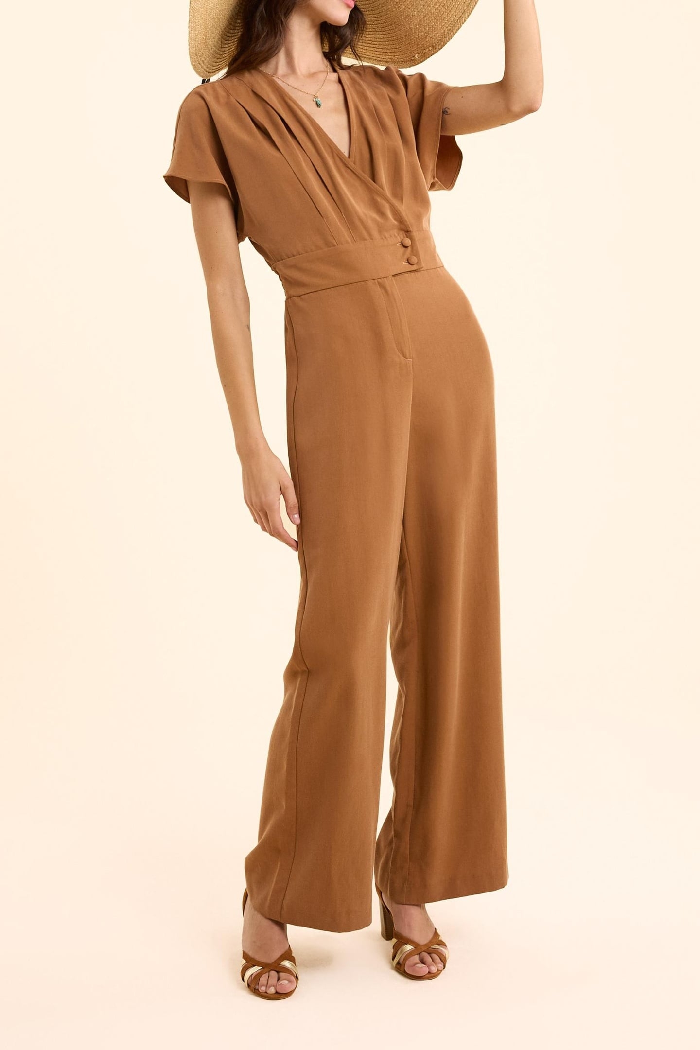 CAMEL TROUSER JUMPSUIT WITH WRAP-AROUND COLLAR CAMEL 1