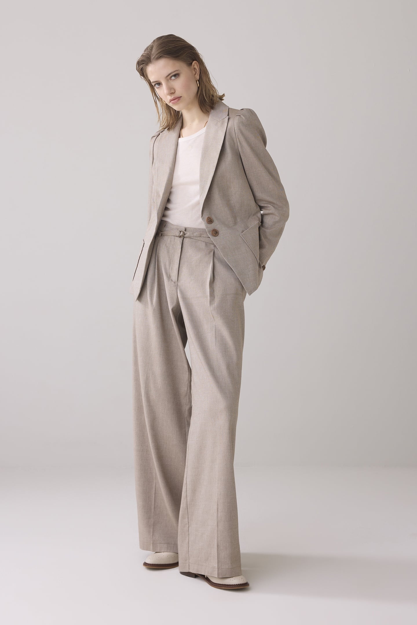 TROUSERS WIDE LINEN BLEND TWILL KHAKI 1