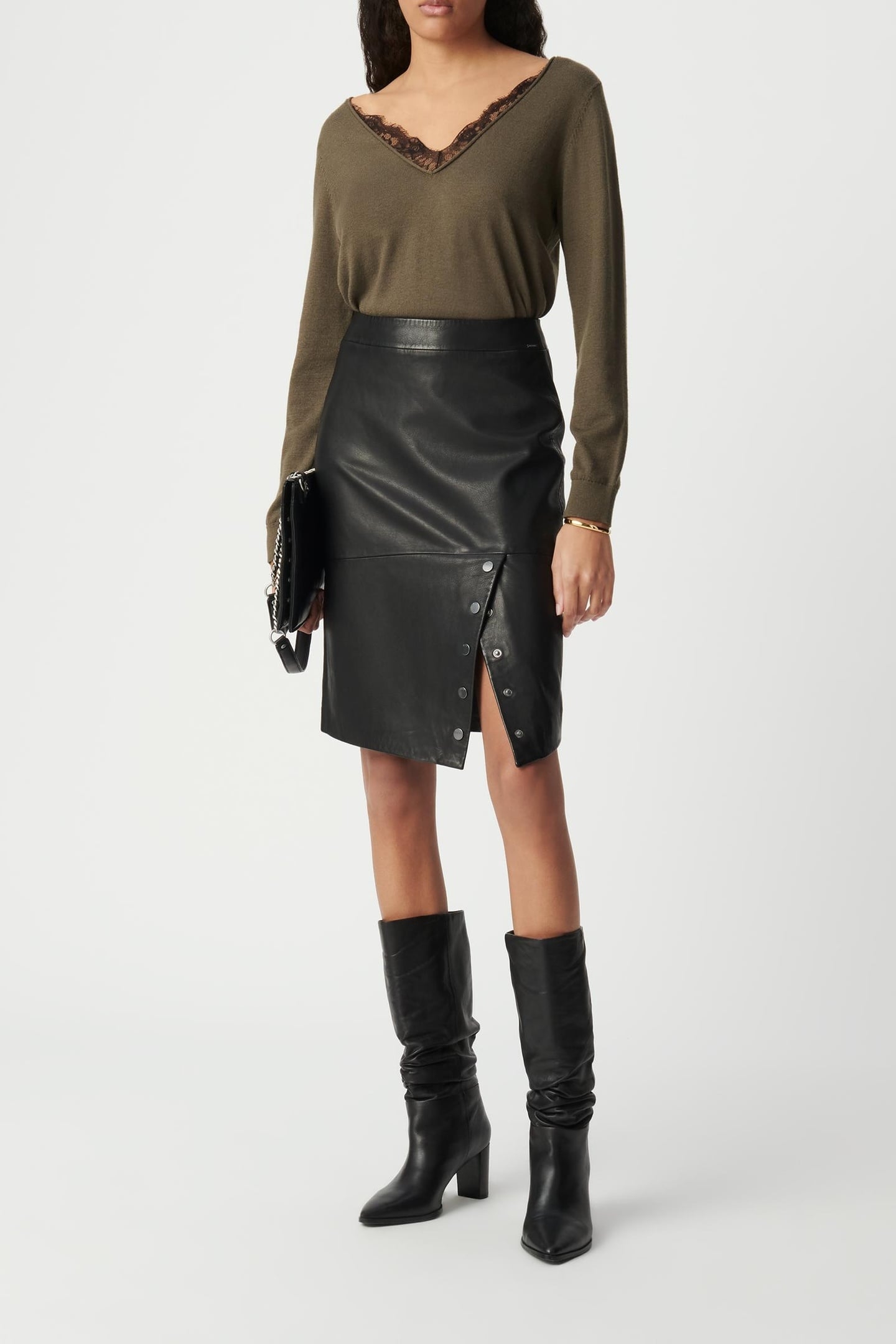 BLACK LEATHER PENCIL SKIRT WITH PRESS STUDS 1