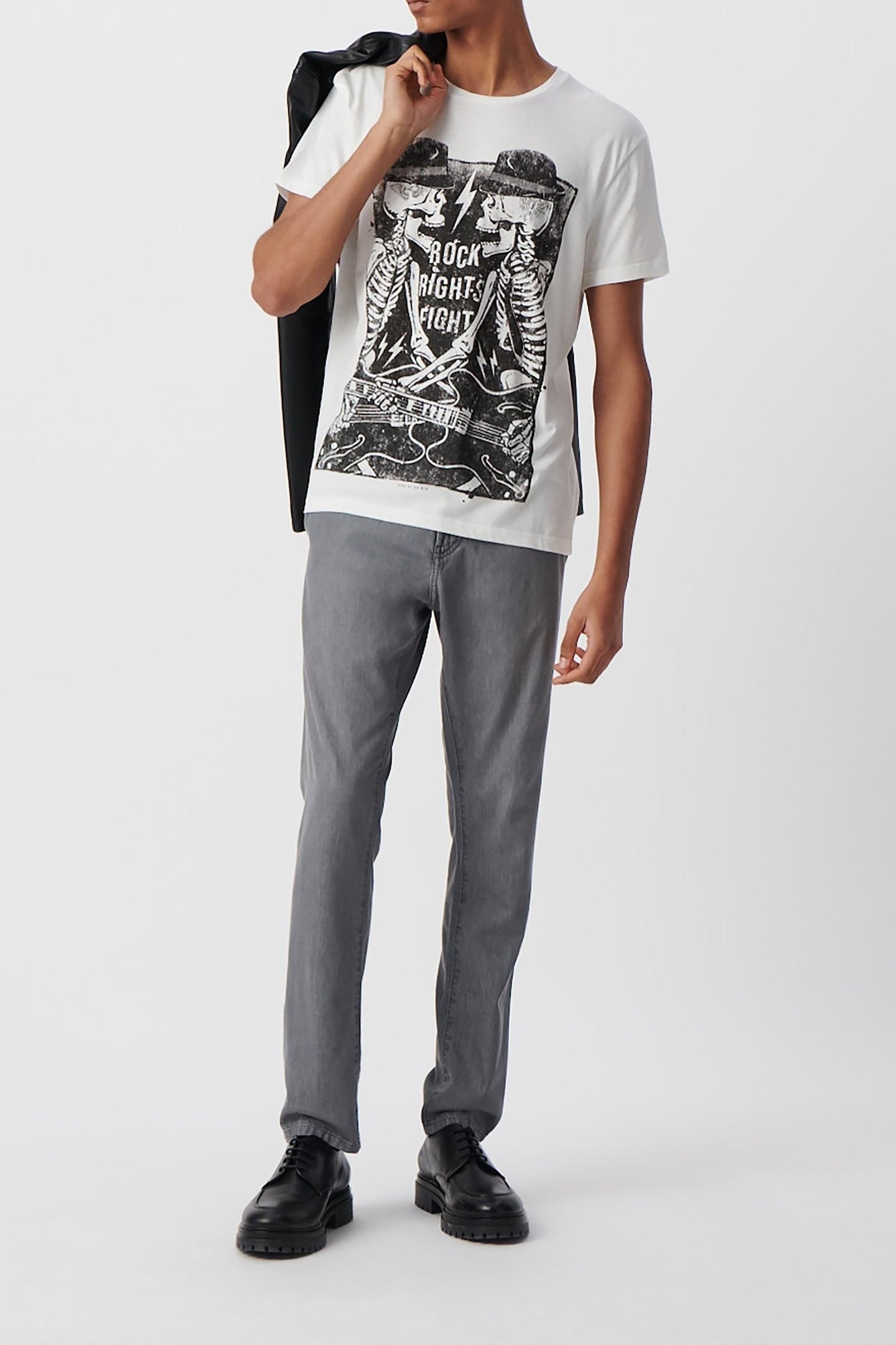 WHITE ORGANIC COTTON T-SHIRT WITH SKELETON GUITARIST 1