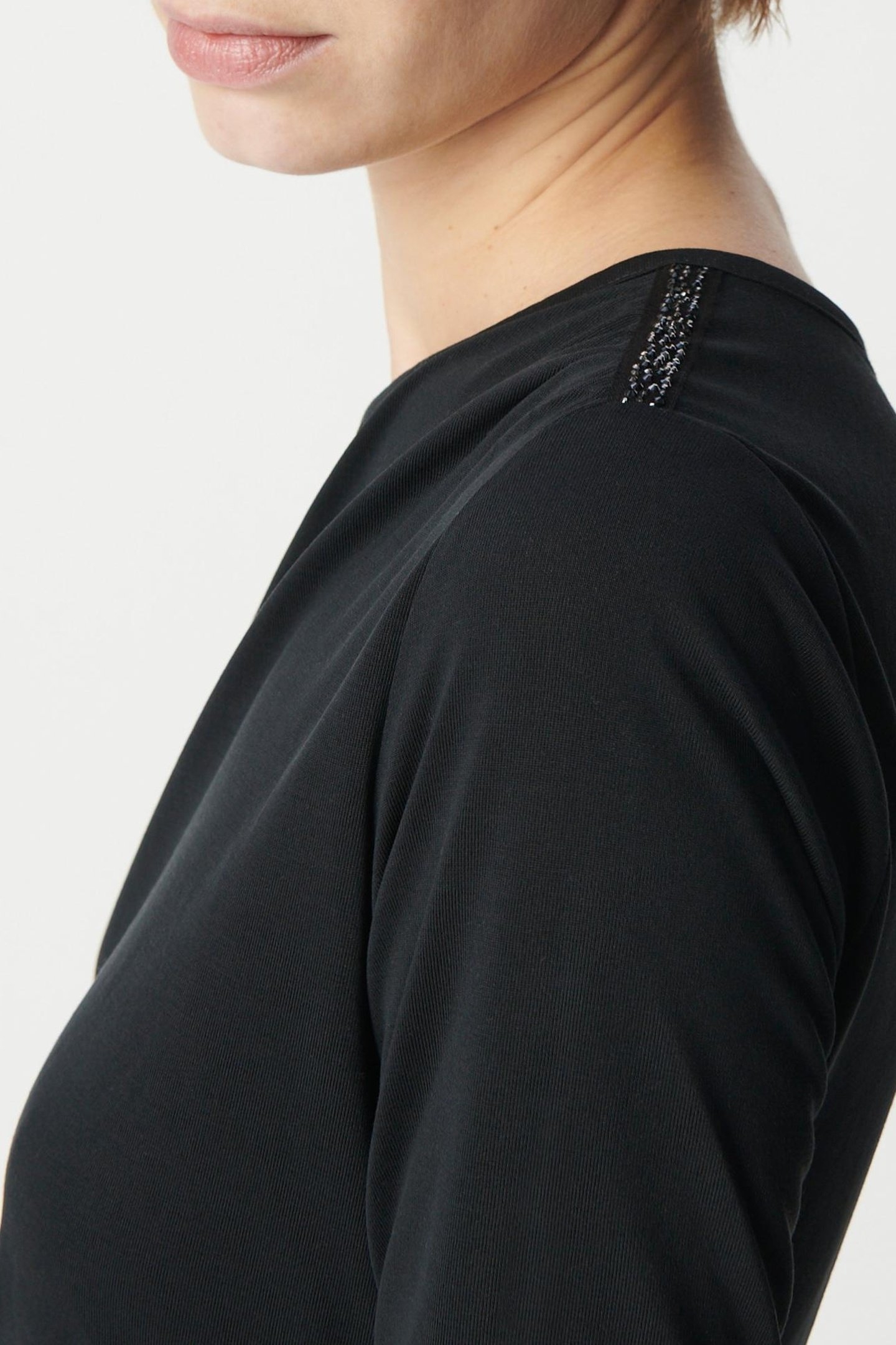 GATHERED BLACK EVENING DRESS WITH RHINESTONE SHOULDERS 6