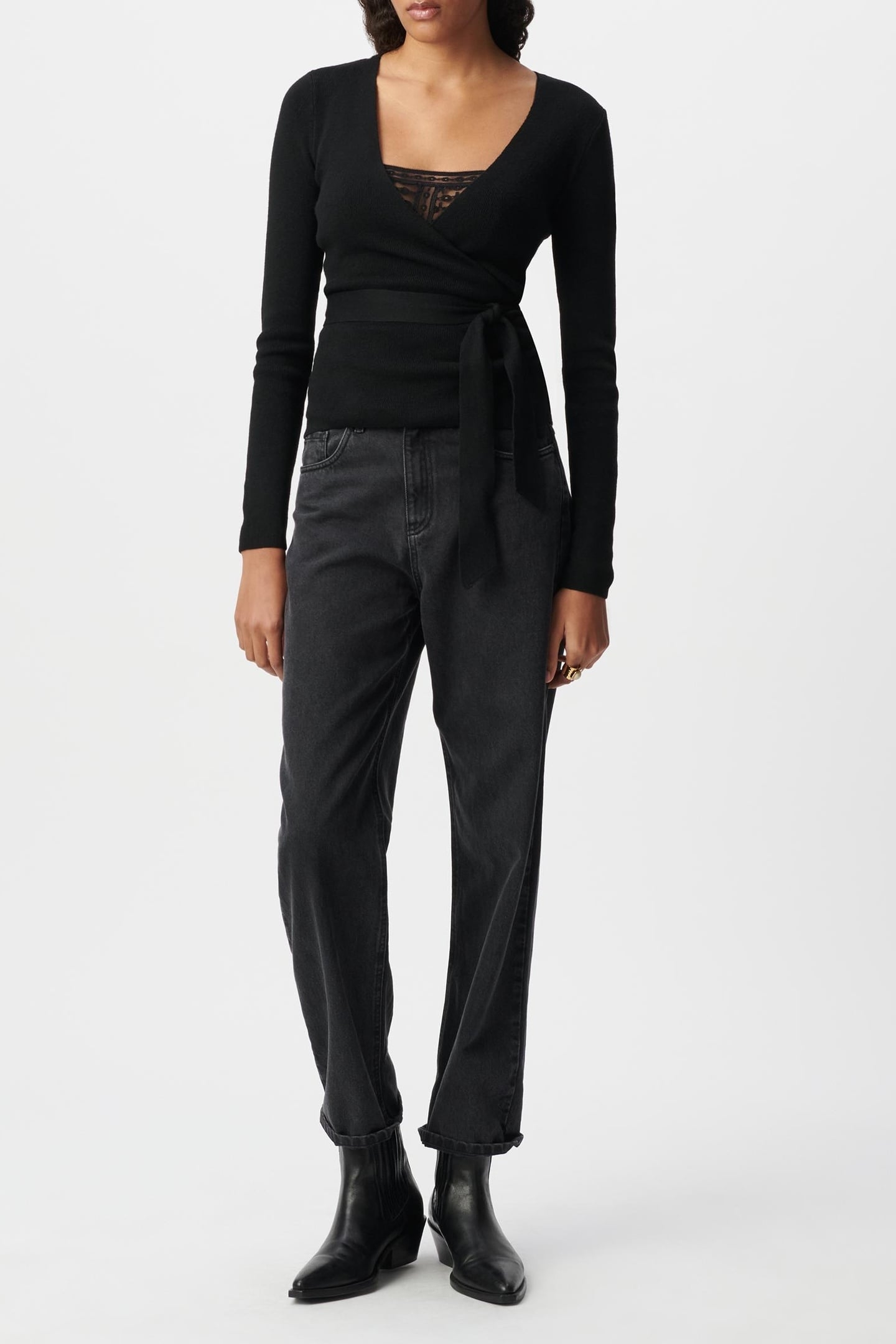 BLACK BELTED WRAP-AROUND SWEATER 1