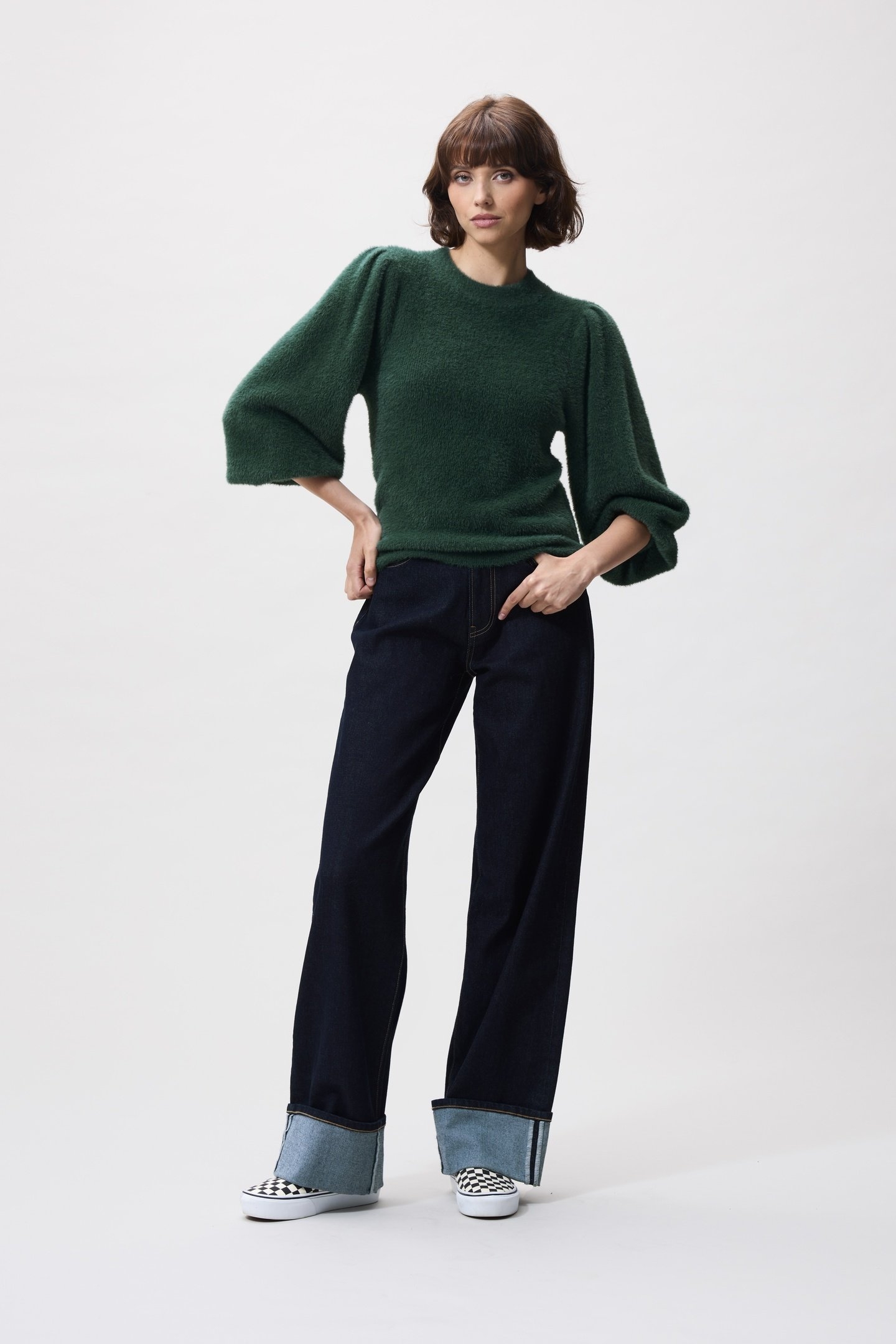 FUZZY PUFF SLEEVE KNIT PINE FOREST 1
