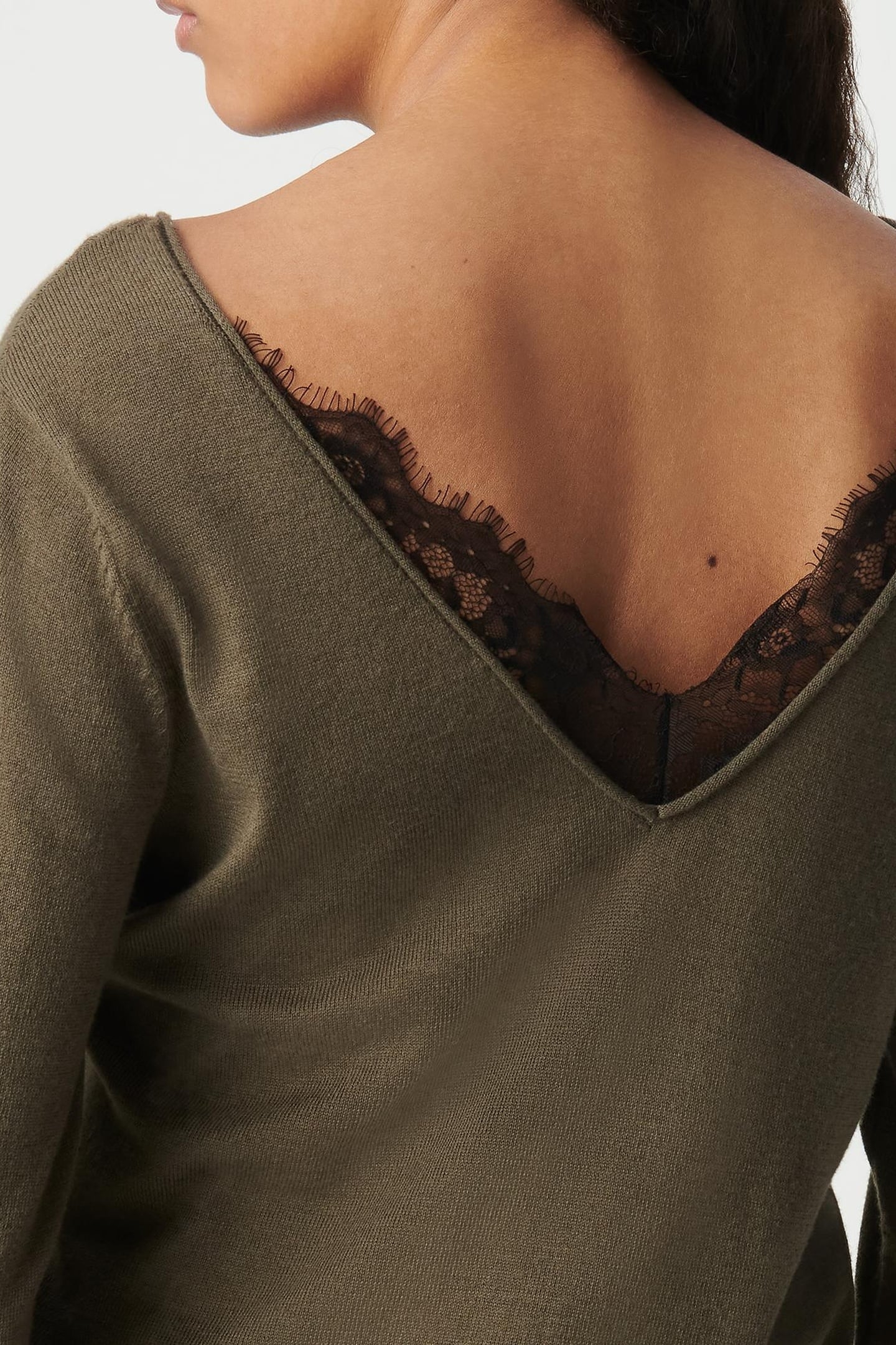 KHAKI SWEATER WITH LACE-TRIMMED FRONT AND BACK 4