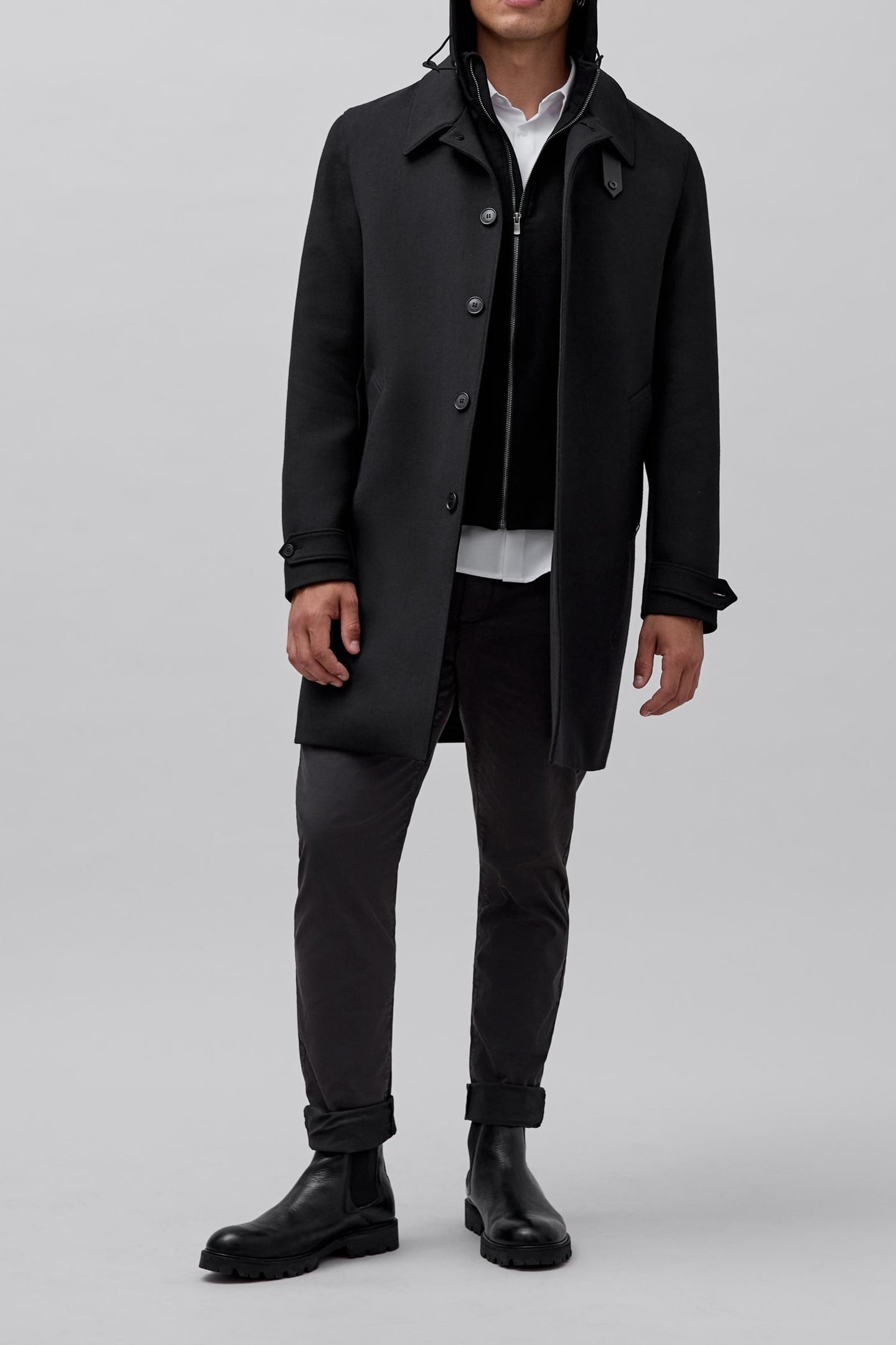 BLACK TRENCH COAT WITH DETACHABLE HOOD FACING 4