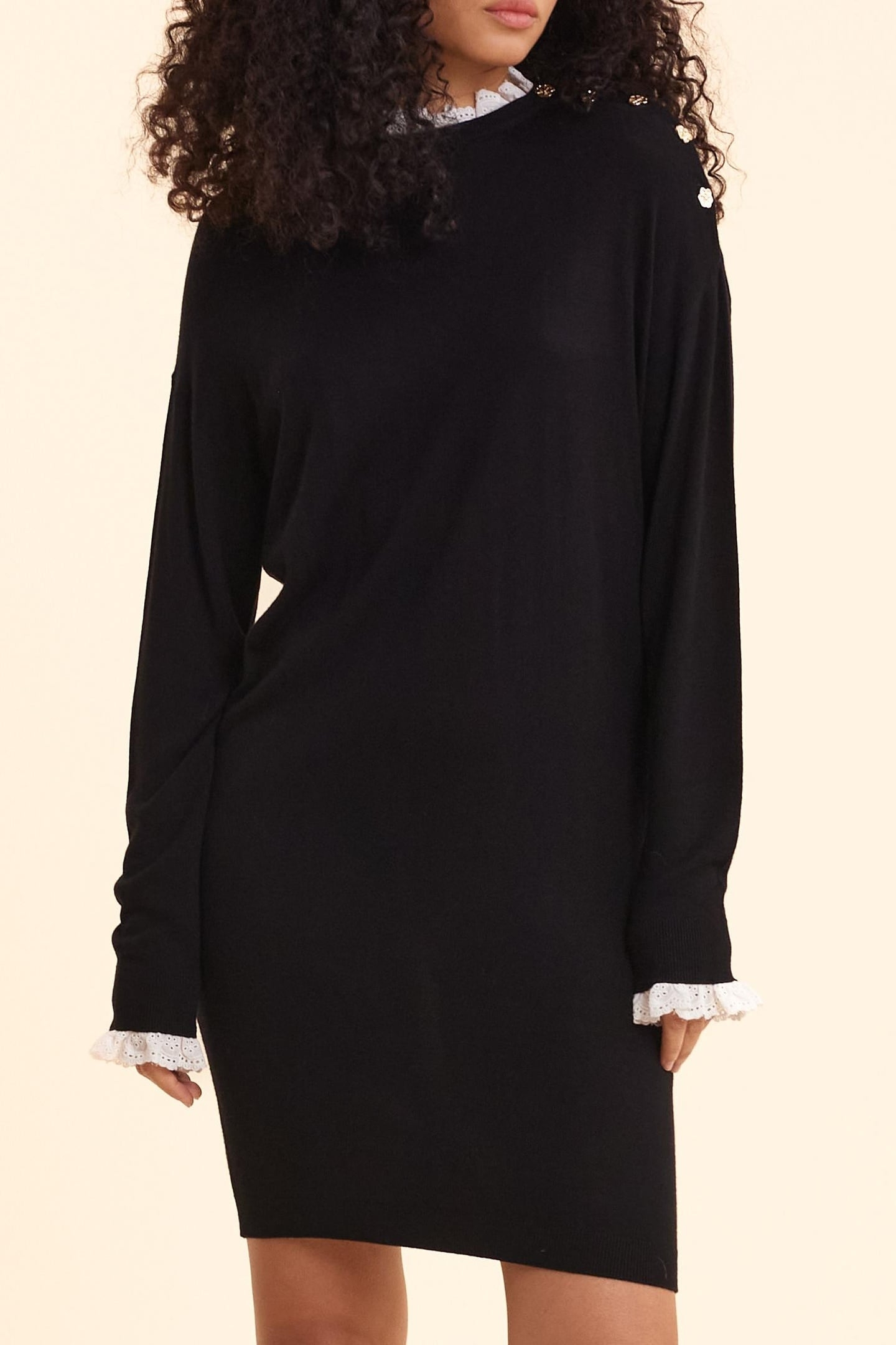 BLACK KNIT DRESS, EYELET EMBROIDERY DETAILS BLACK 1