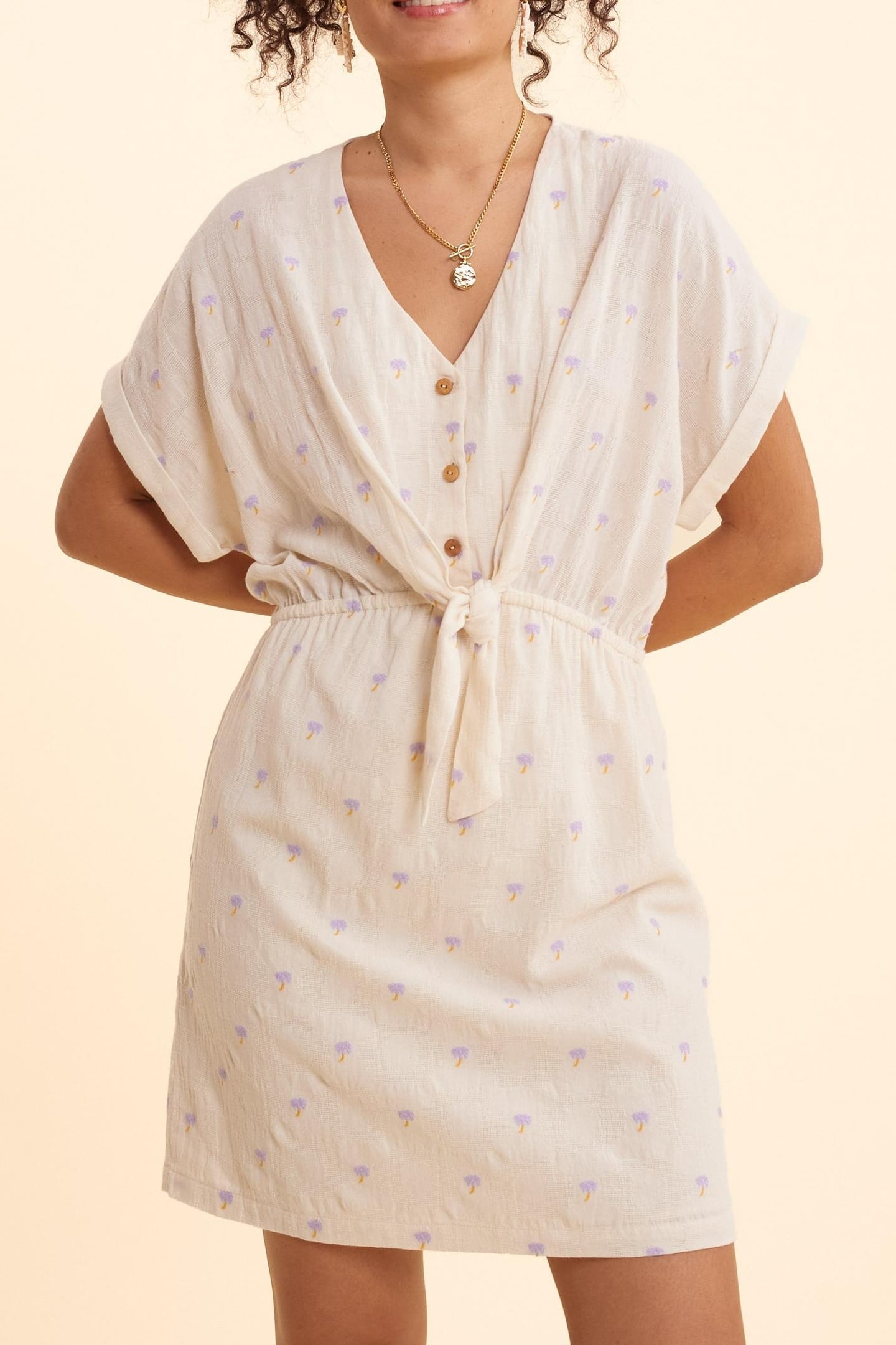 ECRU JACQUARD DRESS WITH PALM TREE EMBROIDERY ECRU 1