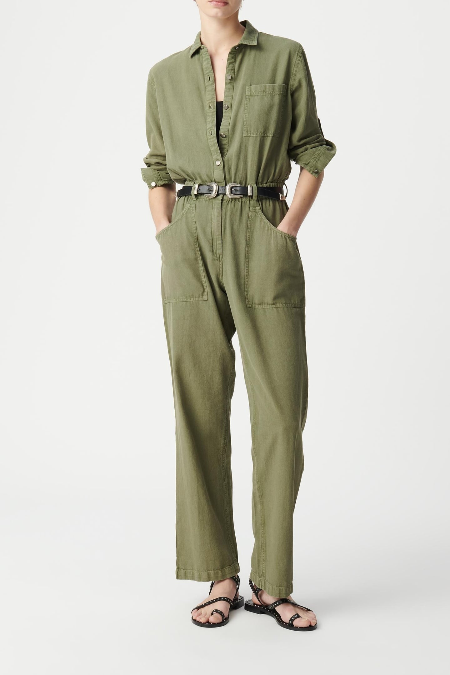 KHAKI DENIM JUMPSUIT WITH ELASTICATED WAISTBAND 1
